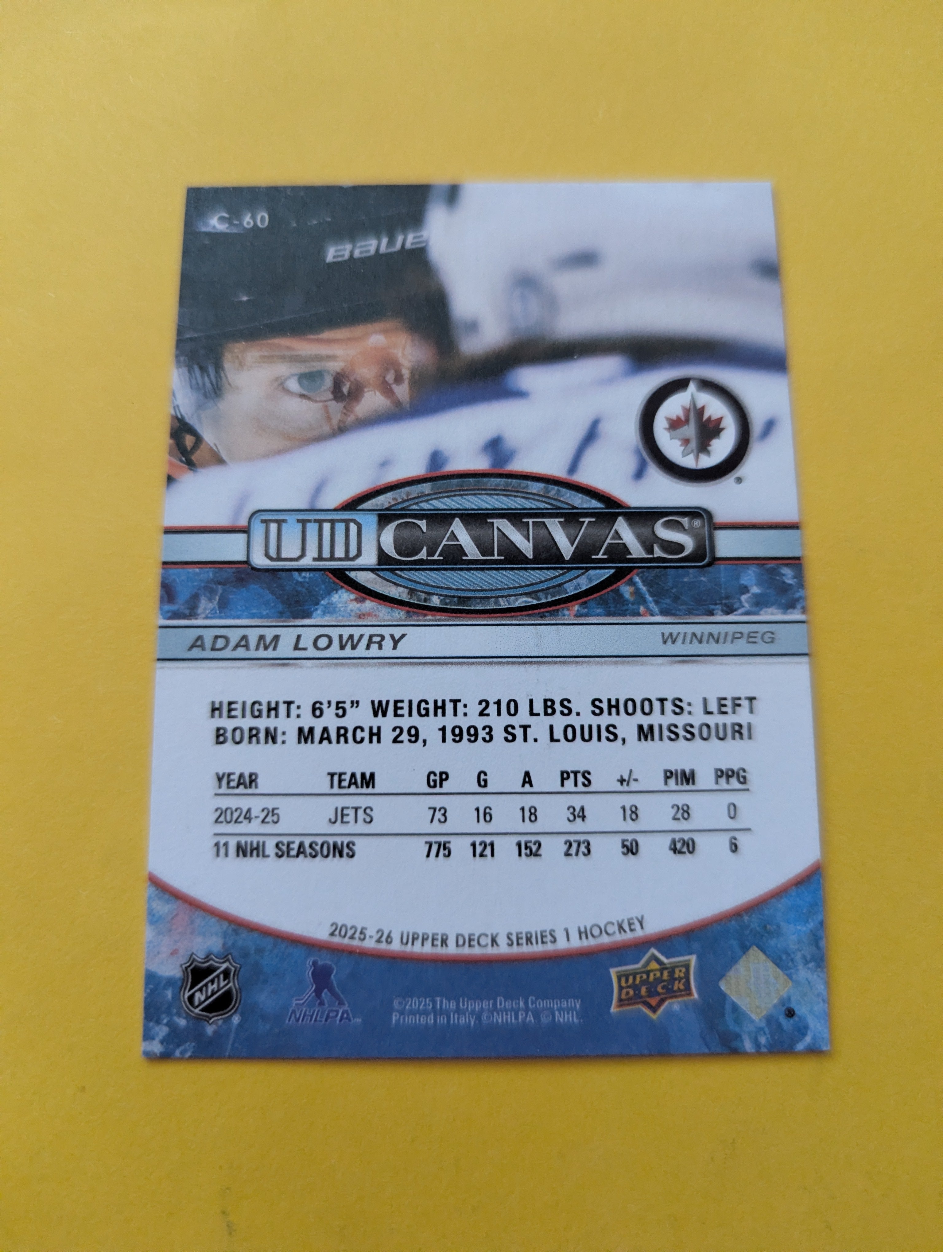 Adam Lowry Signed Winnipeg Jets Card