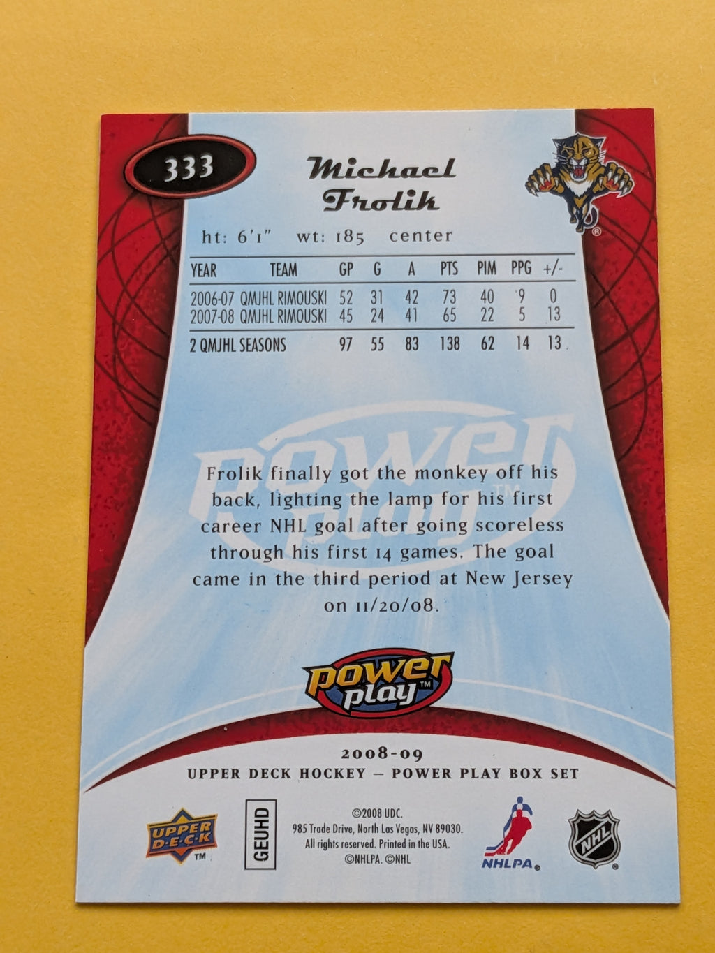 Michael Frolik Signed Florida Panthers Rookie Card B