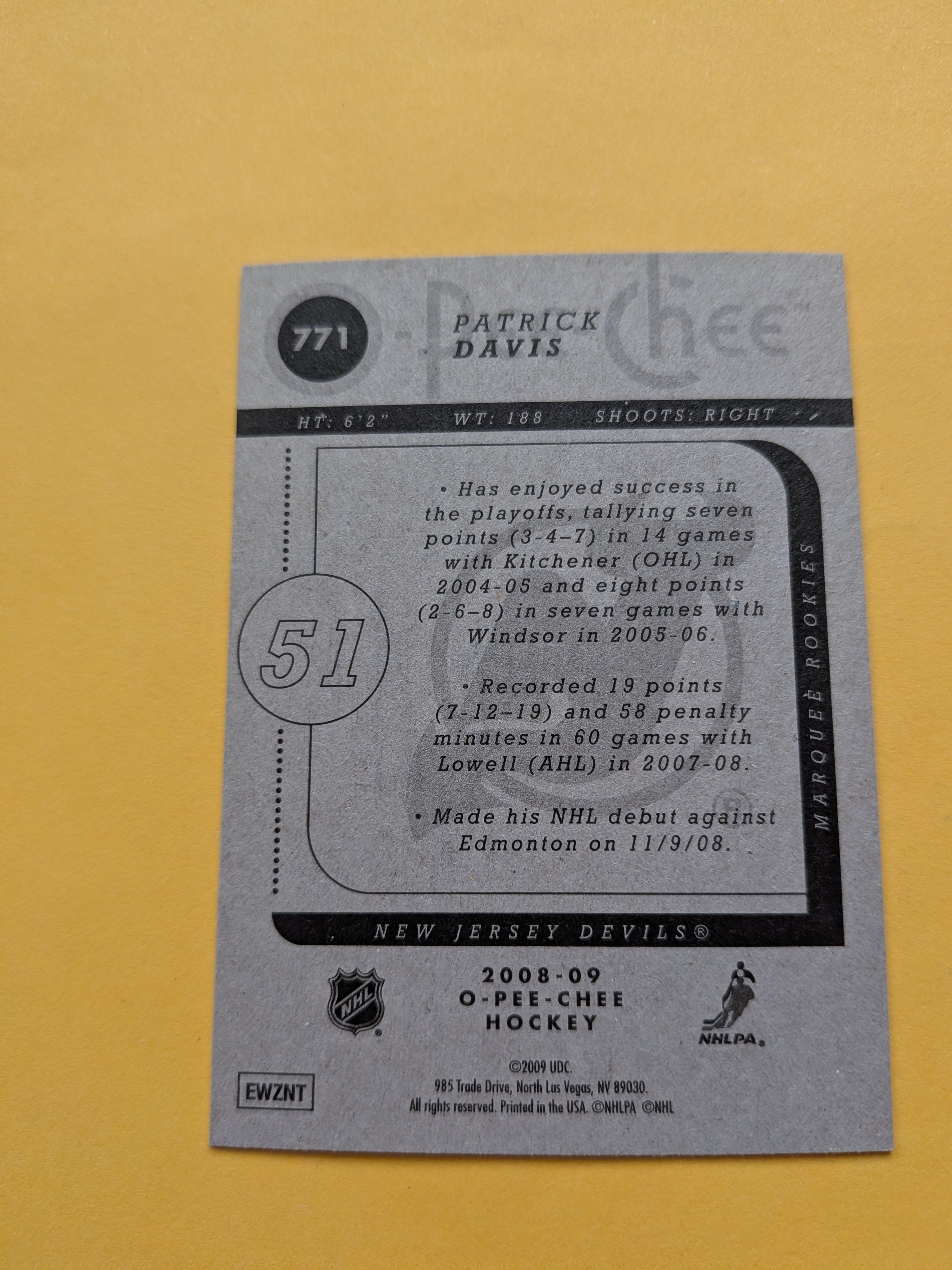 Patrick Davis Signed New Jersey Devils Rookie Card A
