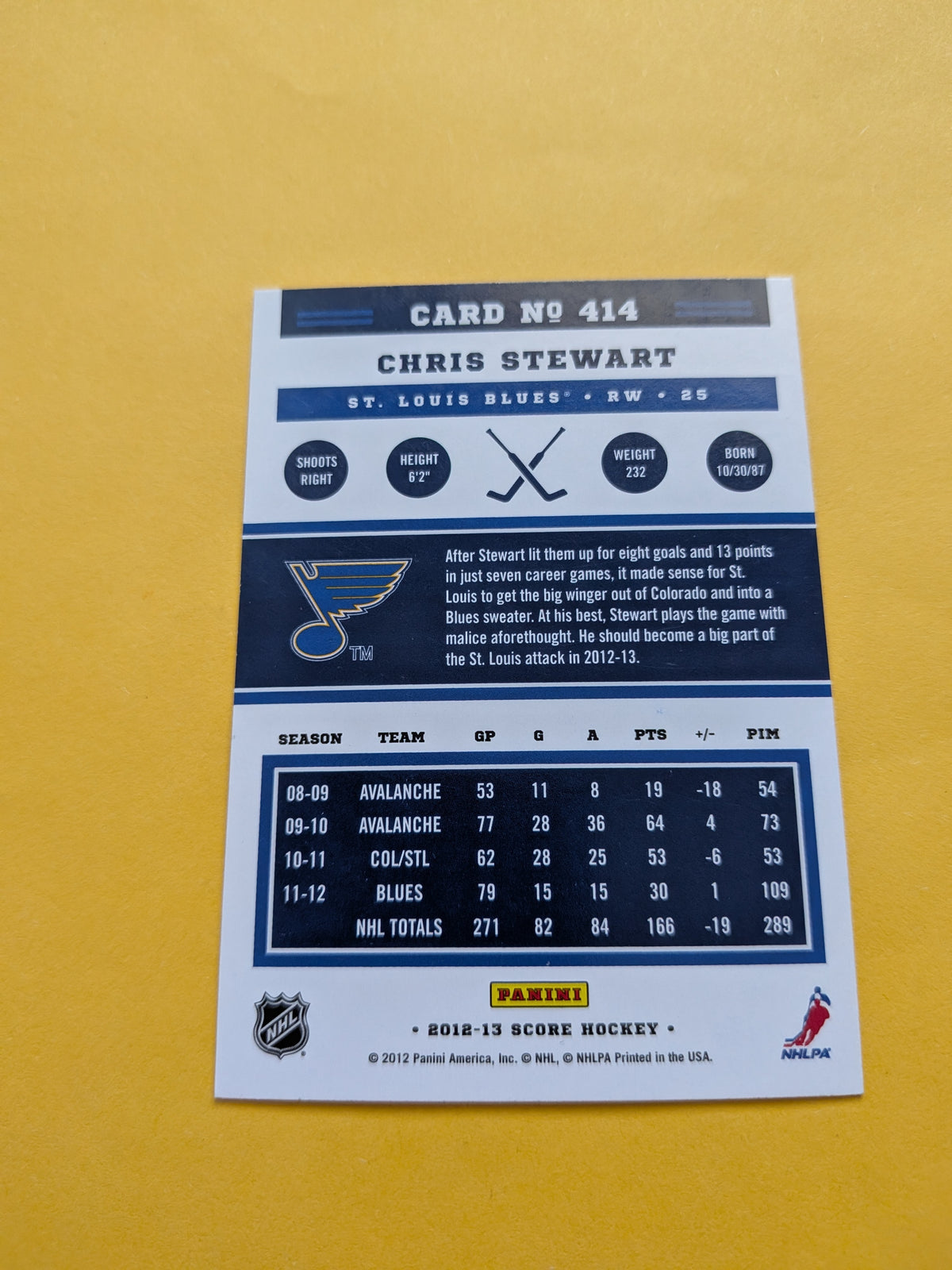 Chris Stewart Signed St. Louis Blues Card A