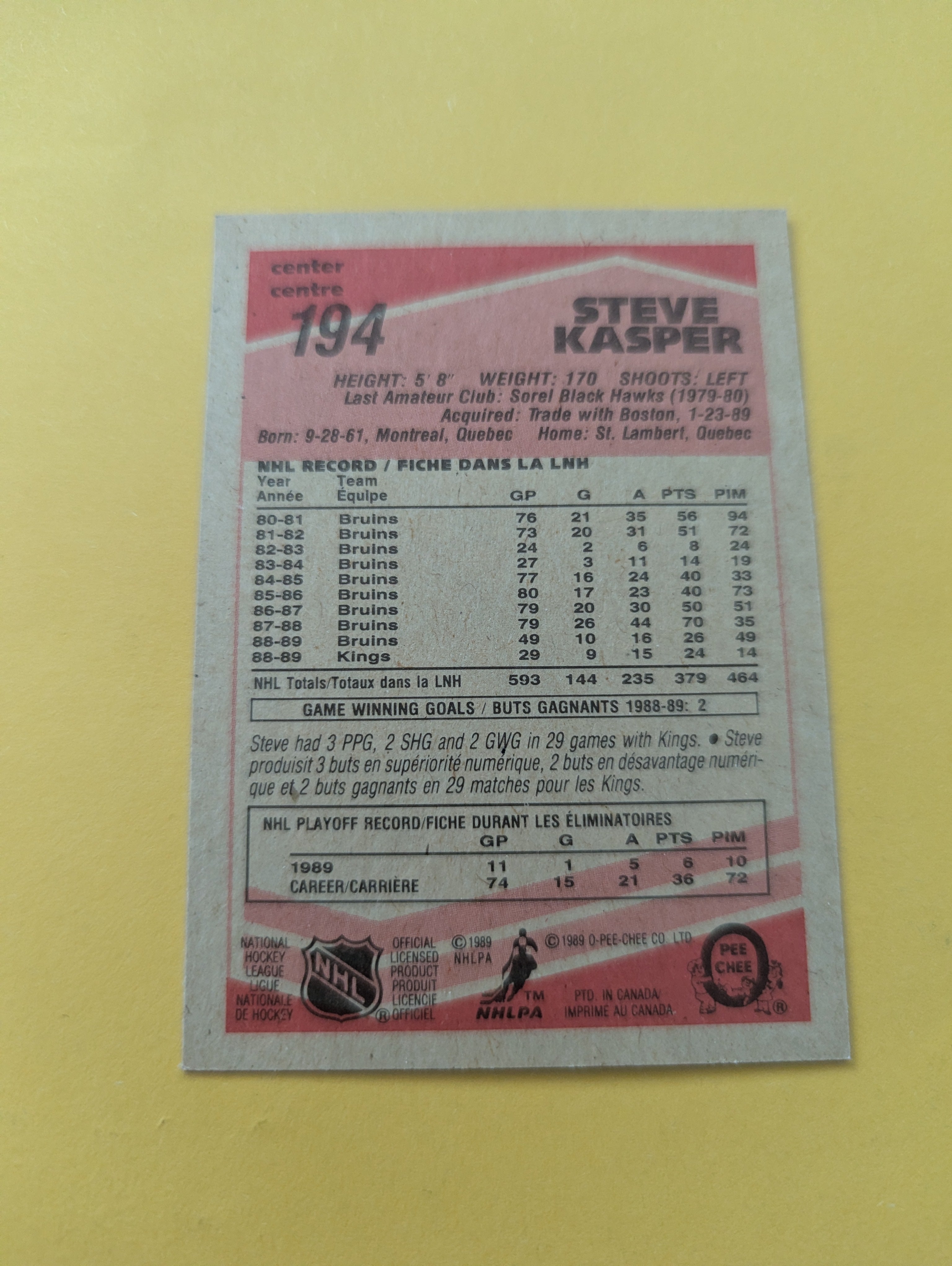 Steve Kasper Signed Los Angeles Kings Card