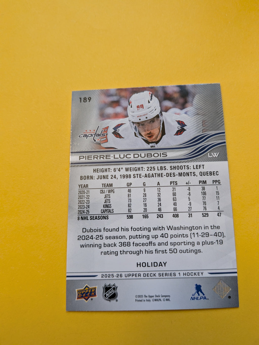 Pierre Luc Dubois 25-26 Upper Deck Green Holiday Card