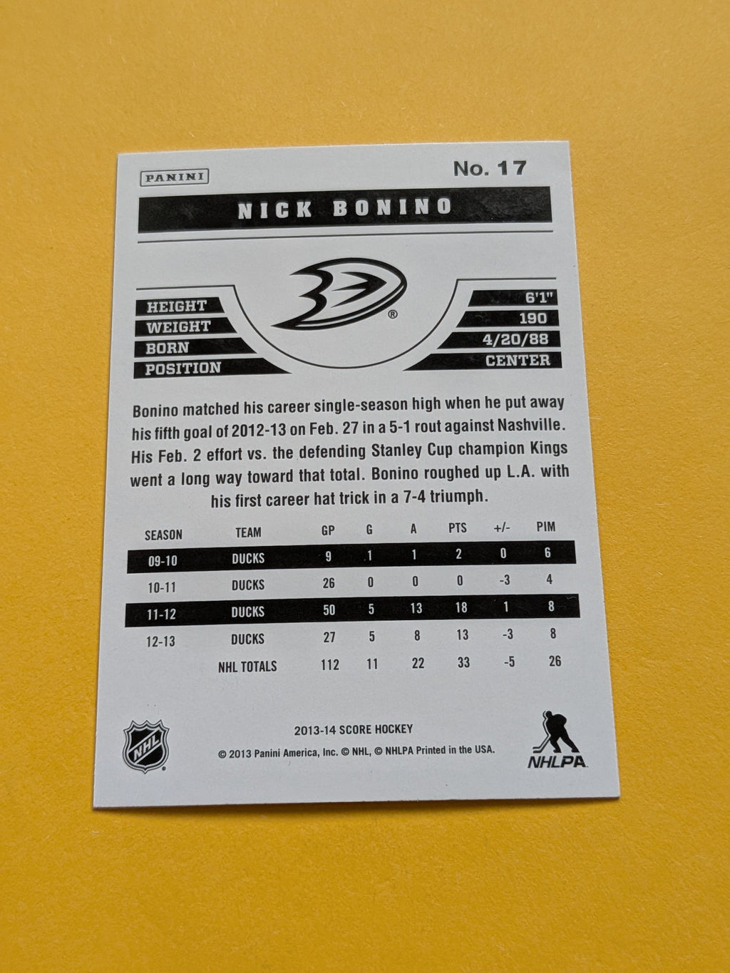 Nick Bonino Signed Anaheim Ducks Card B