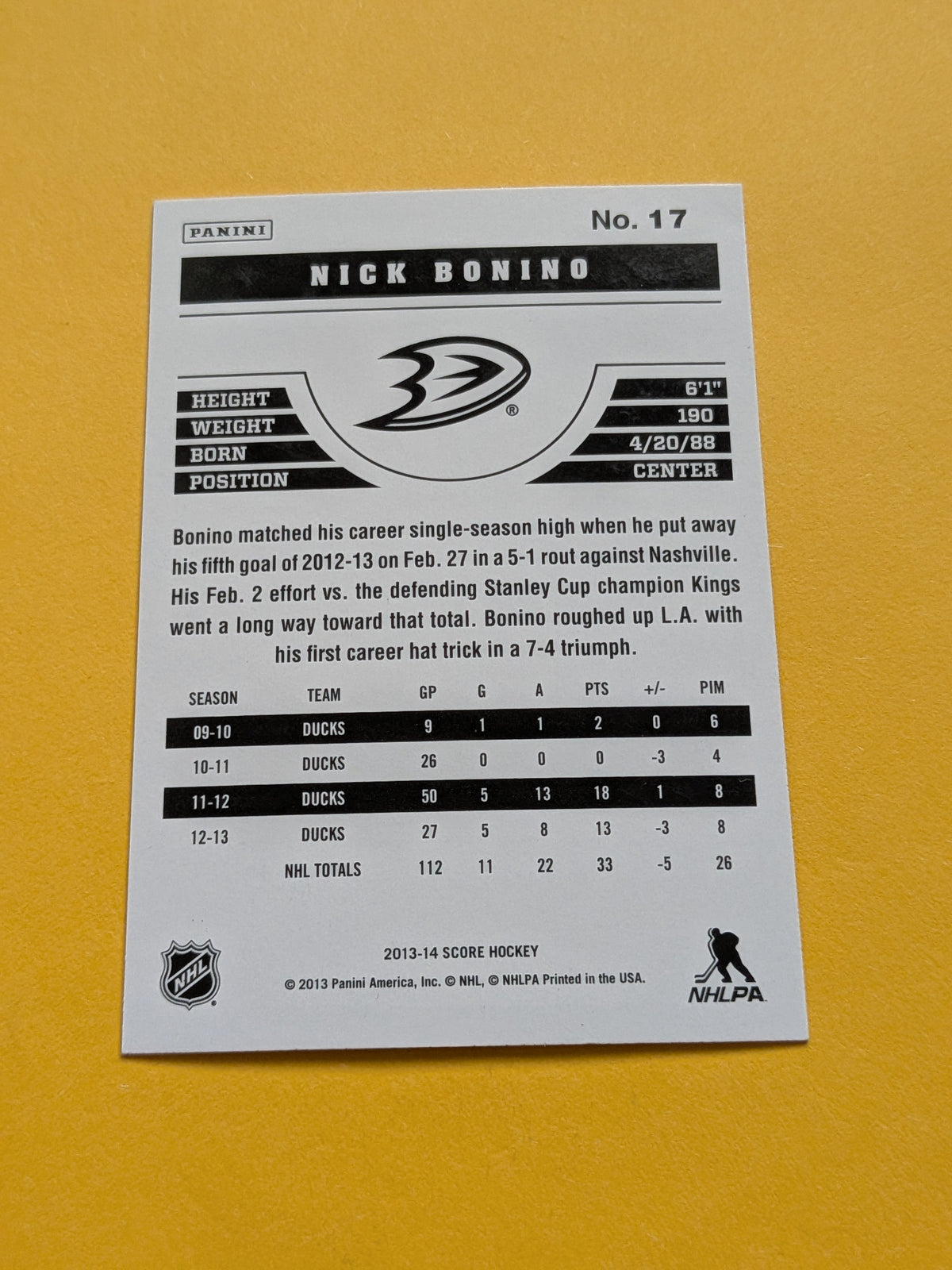 Nick Bonino Signed Anaheim Ducks Card B