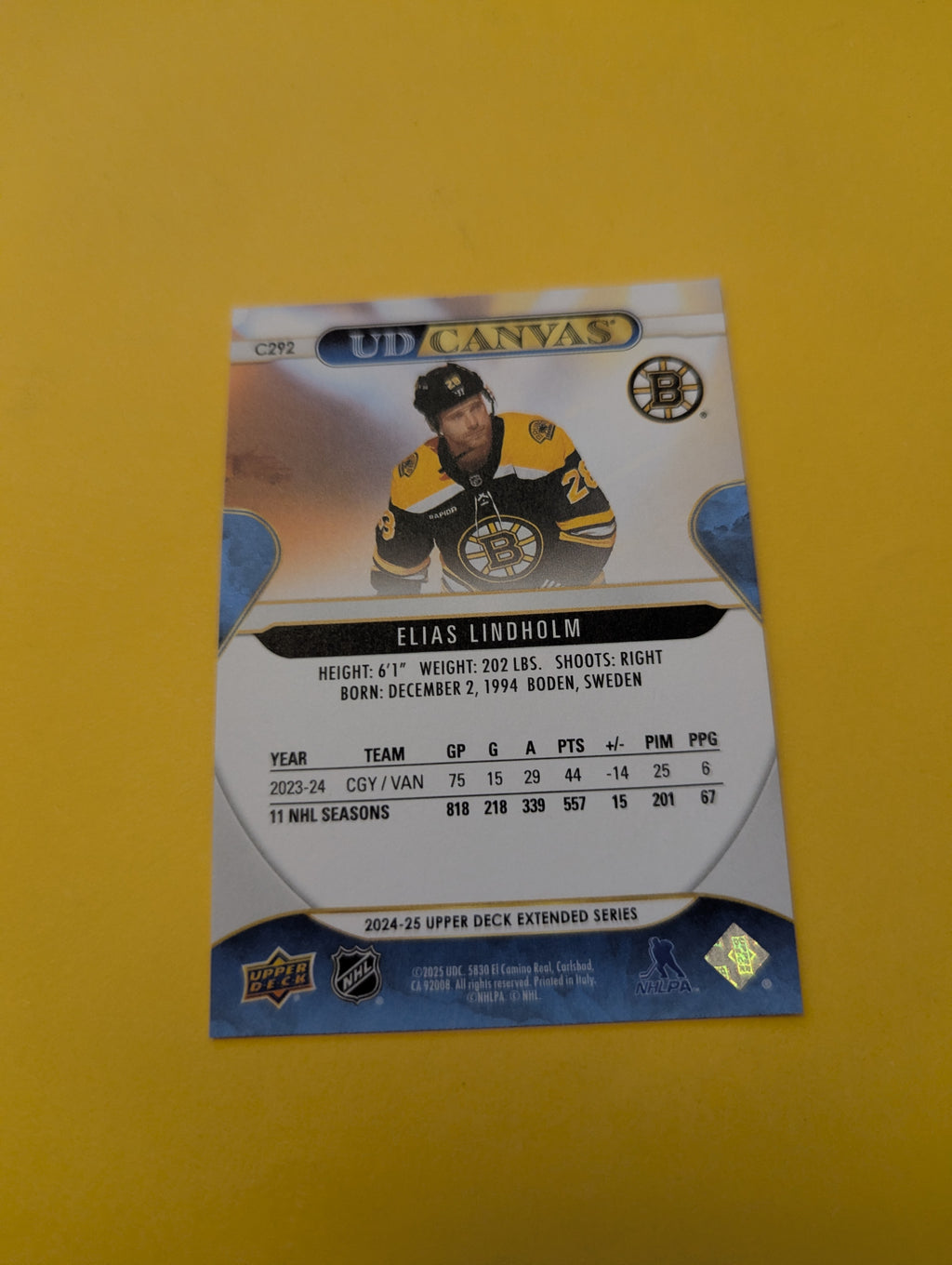 Elias Lindholm 24-25 Upper Deck UD Canvas Card