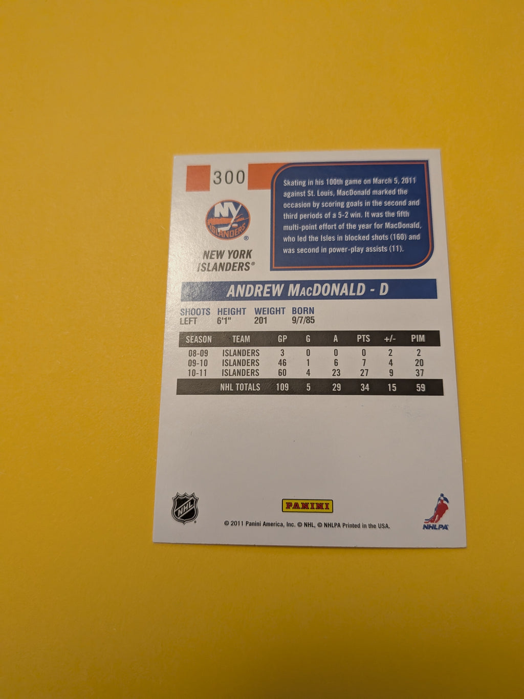 Andrew MacDonald Signed New York Islanders Card C