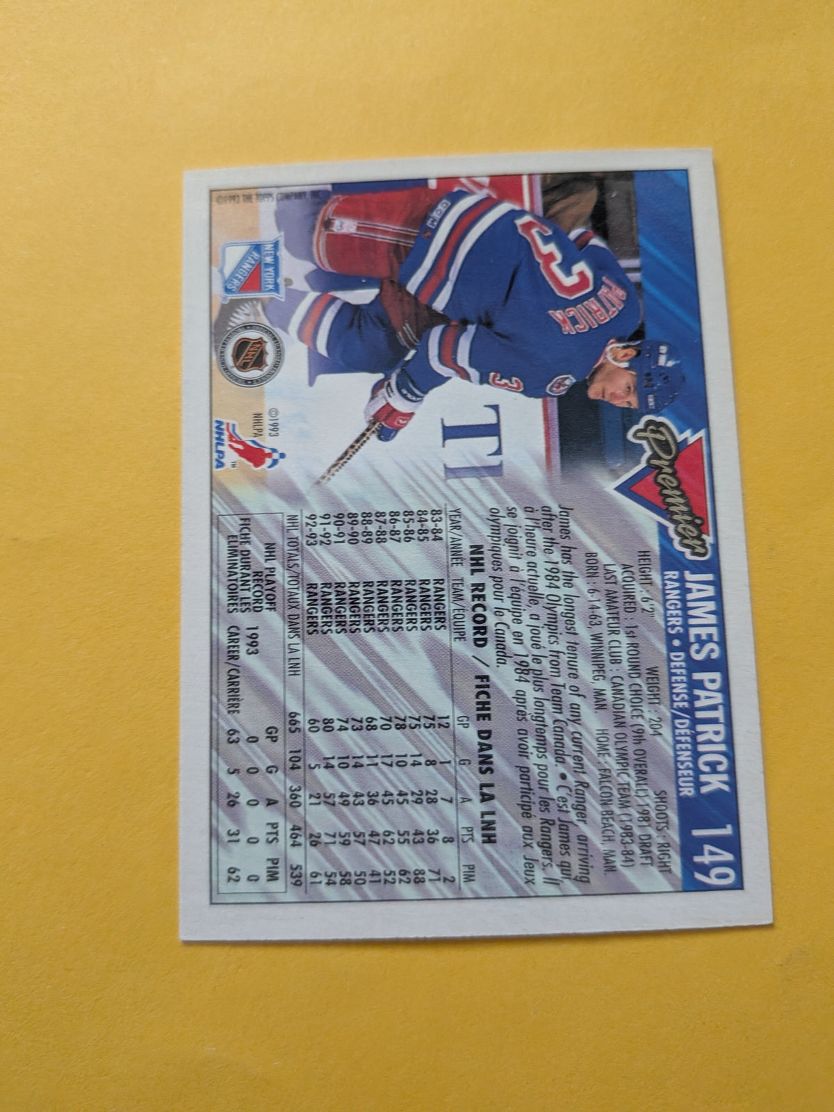 James Patrick Signed New York Rangers Card H