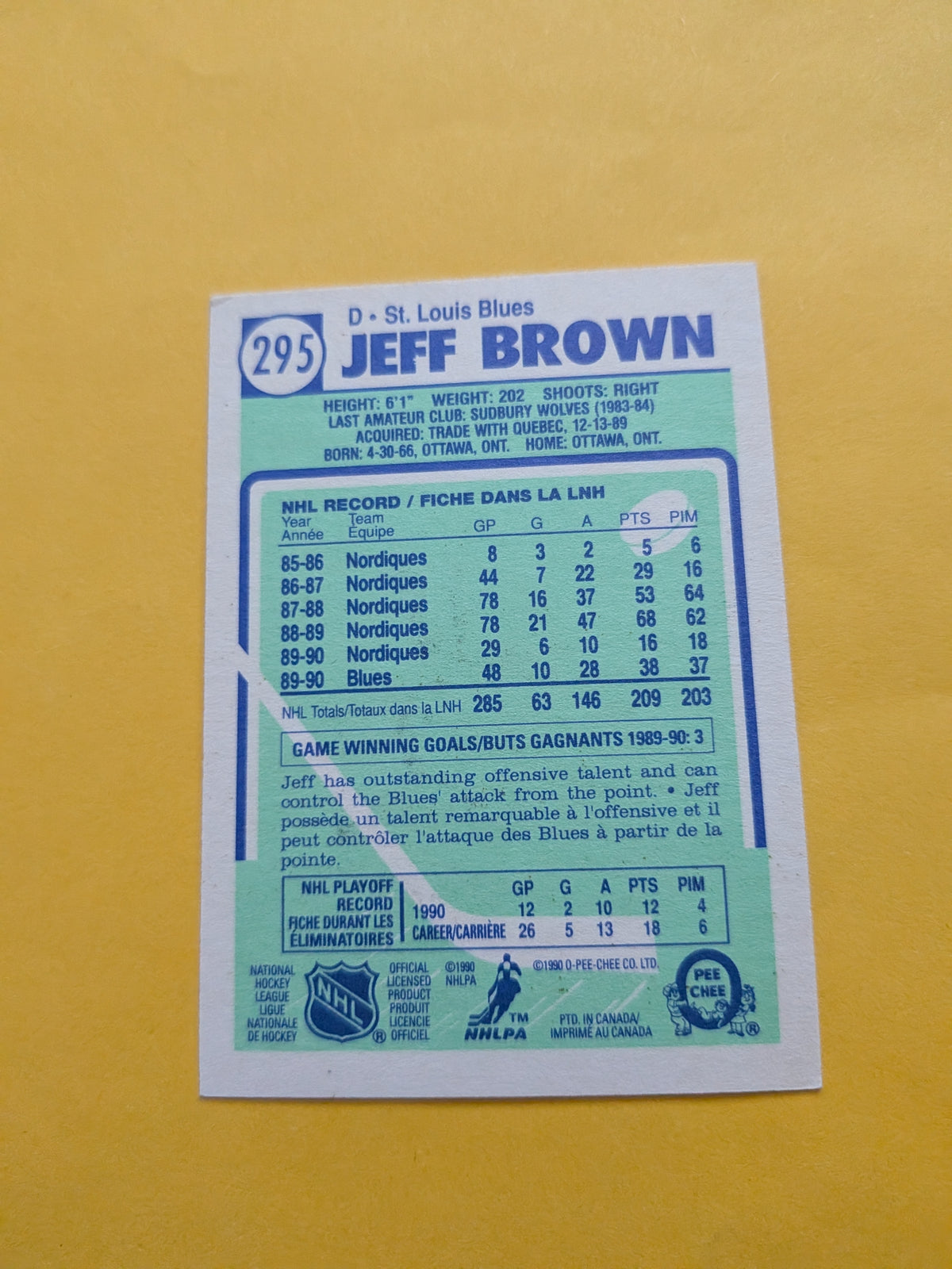 Jeff Brown Signed St. Louis Blues Card G