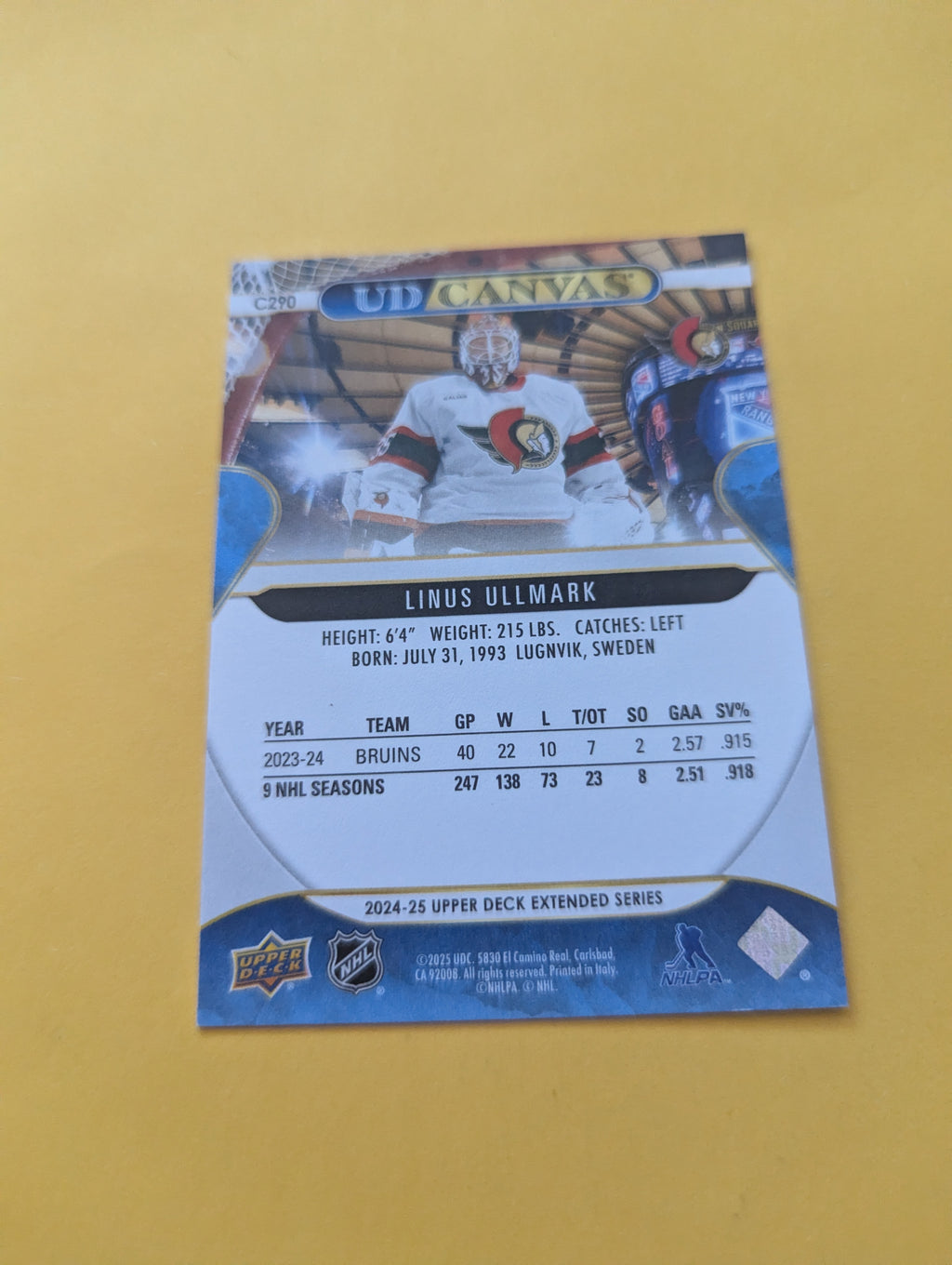Linus Ullmark 24-25 Upper Deck UD Canvas Card