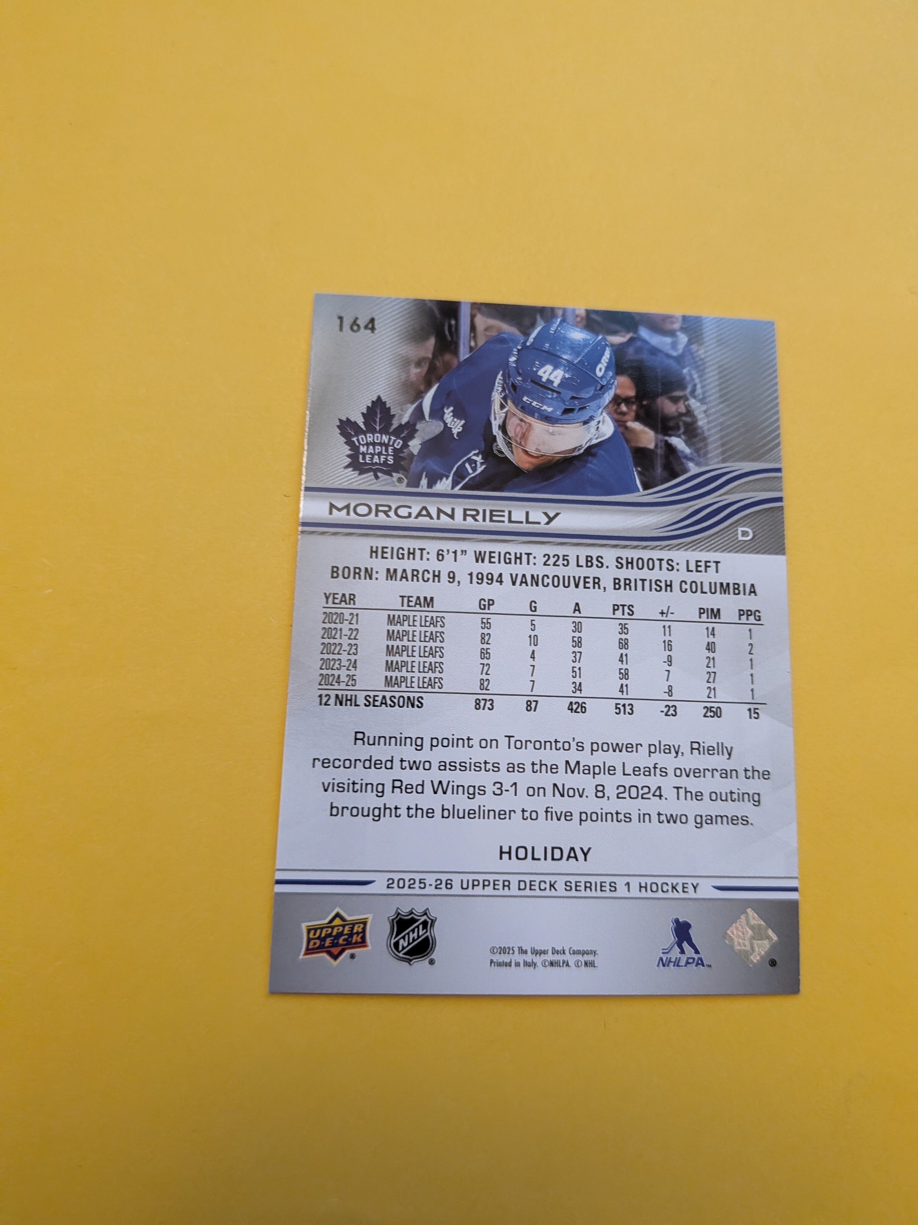 Morgan Rielly 25-26 Upper Deck Green Holiday Card