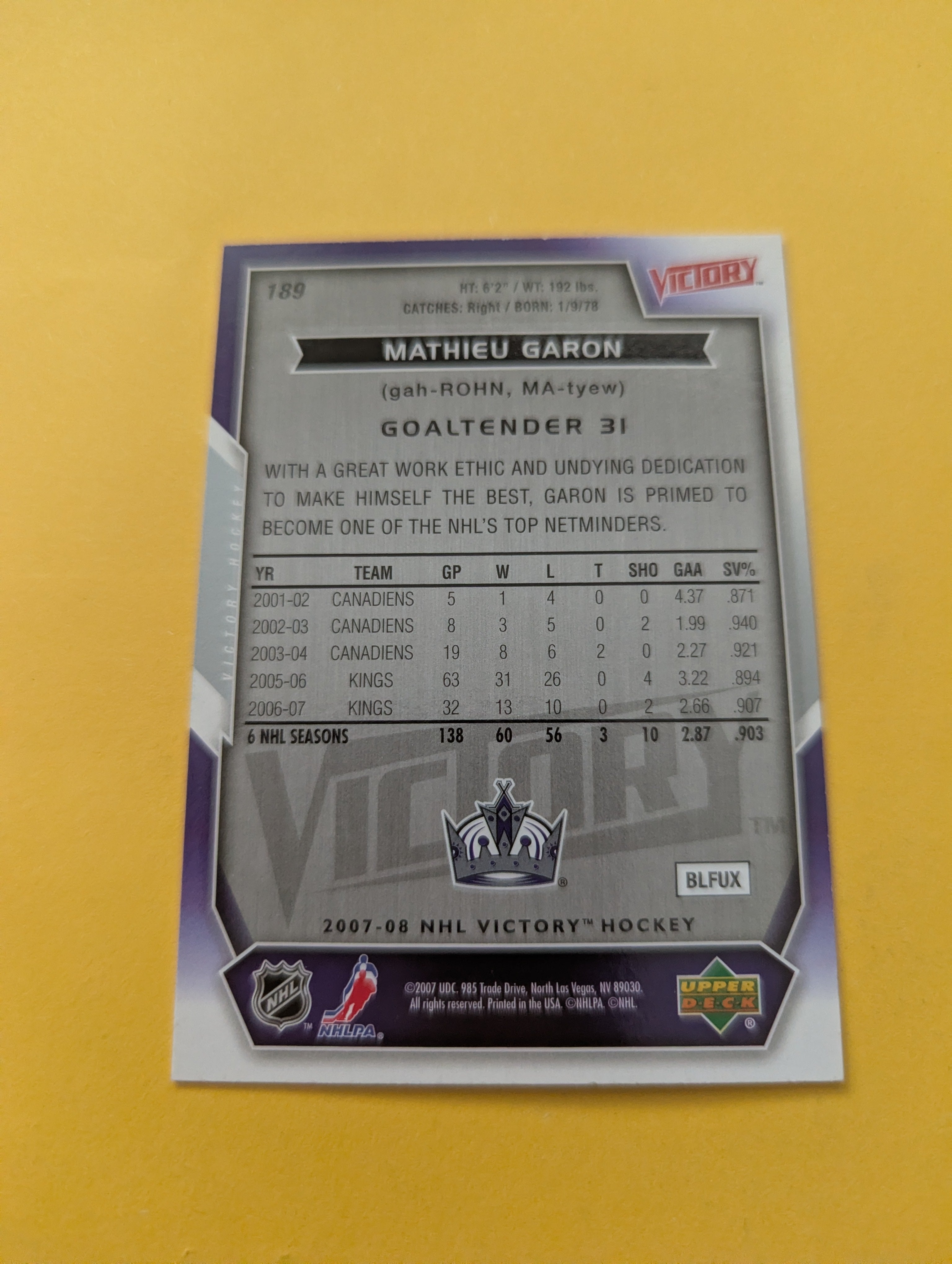 Mathieu Garon Signed Los Angeles Kings Card