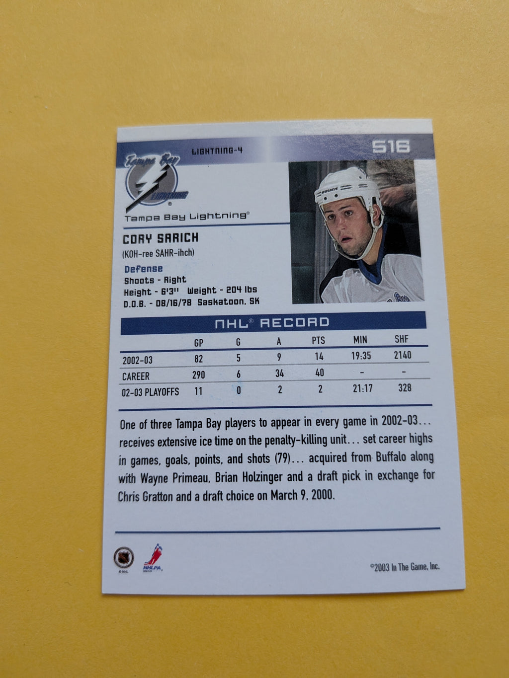 Cory Sarich Signed Tampa Bay Lightning Card C