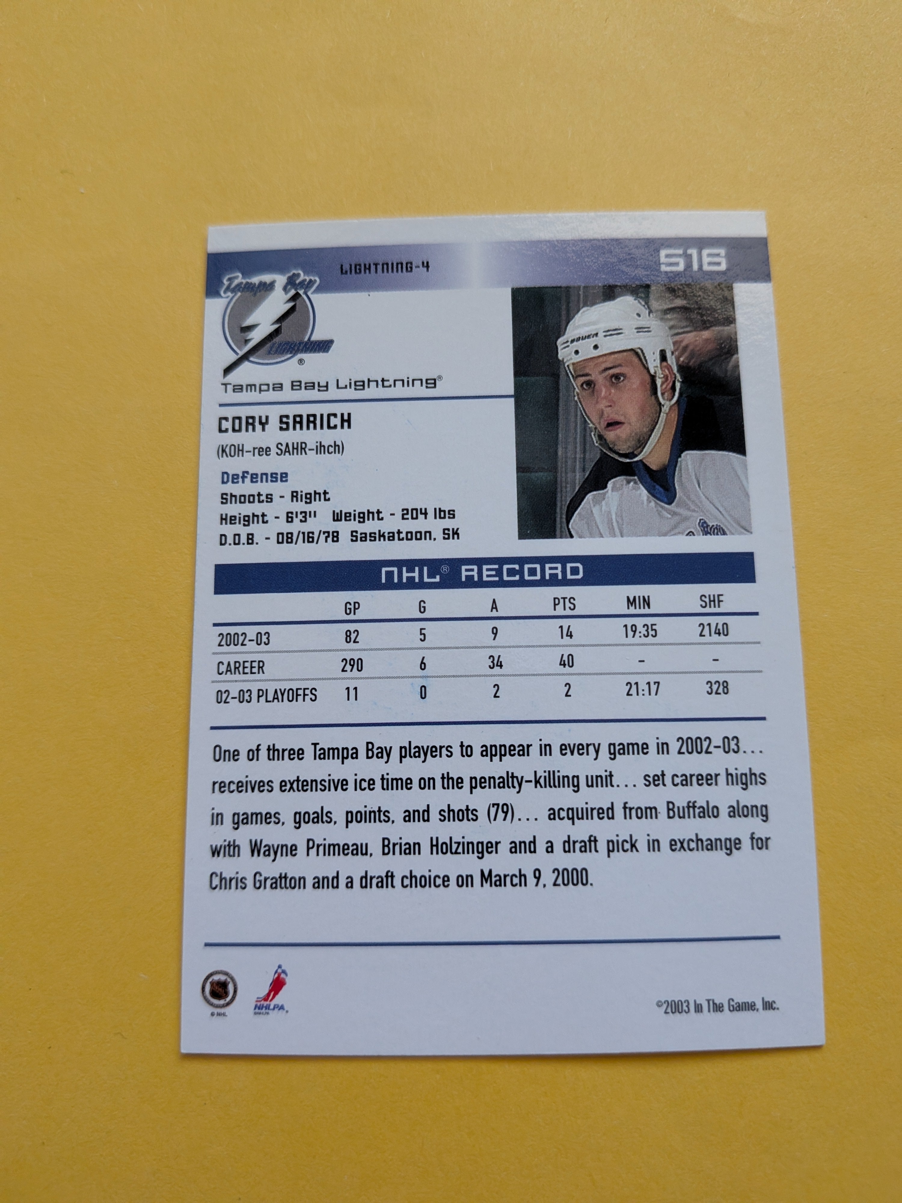 Cory Sarich Signed Tampa Bay Lightning Card C