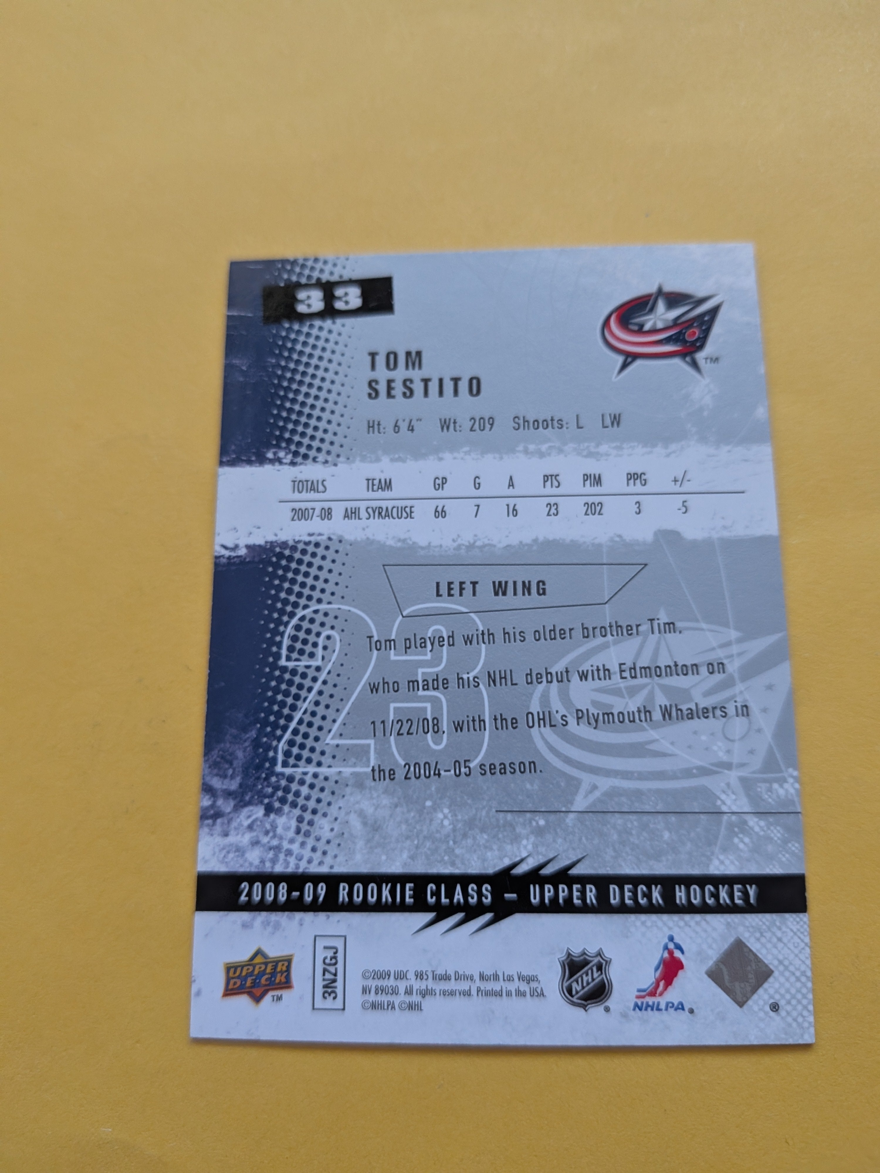 Tom Sestito Signed Columbus Blue Jackets Rookie Card A