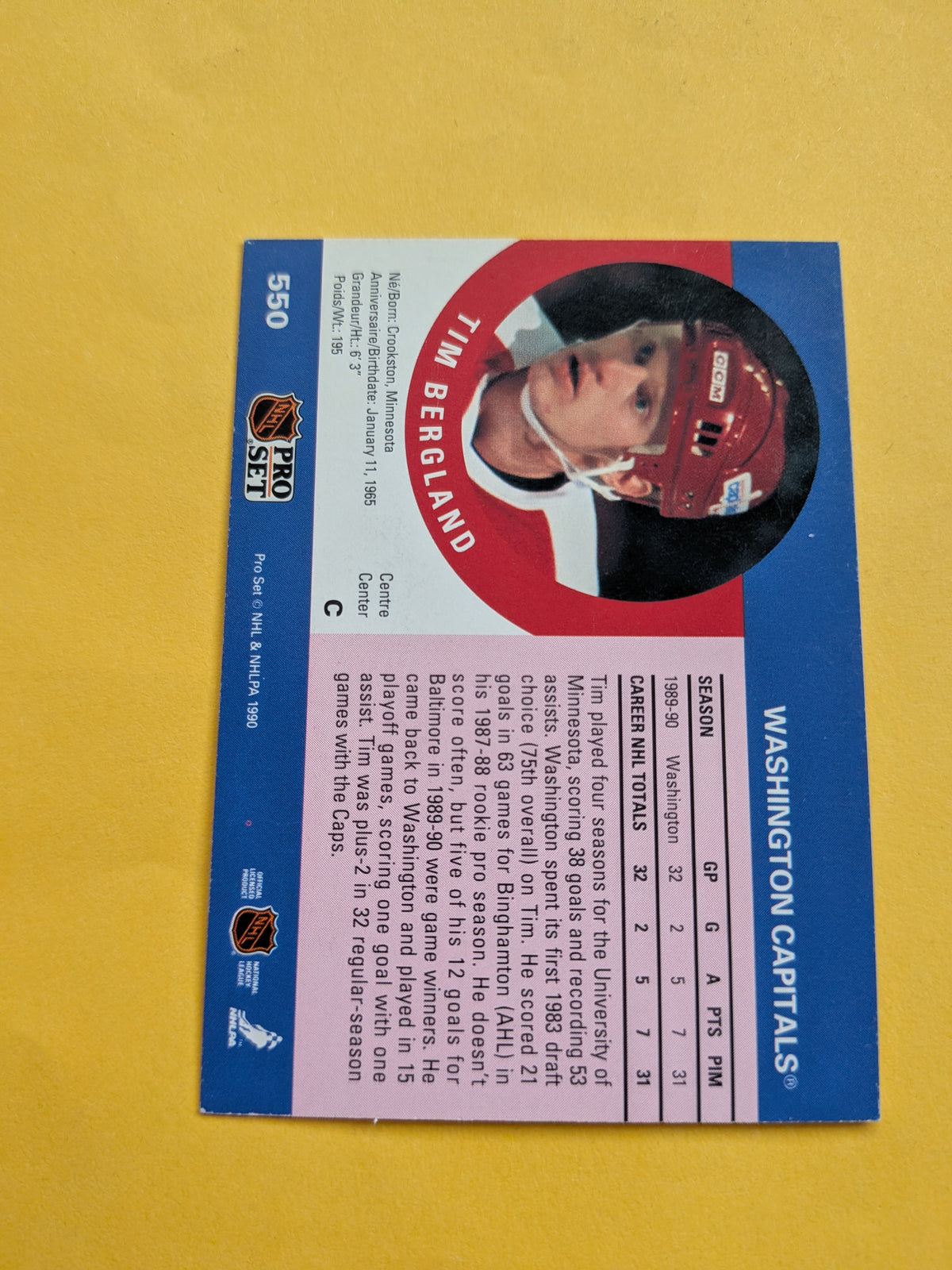 Tim Bergland Signed Washington Capitals Card B
