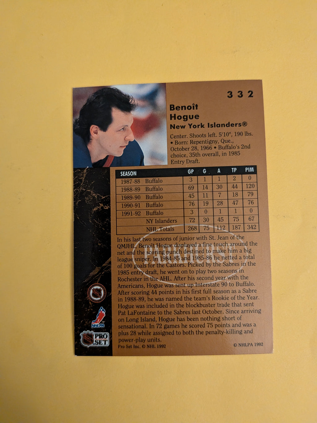 Benoit Hogue Signed New York Islanders Card B