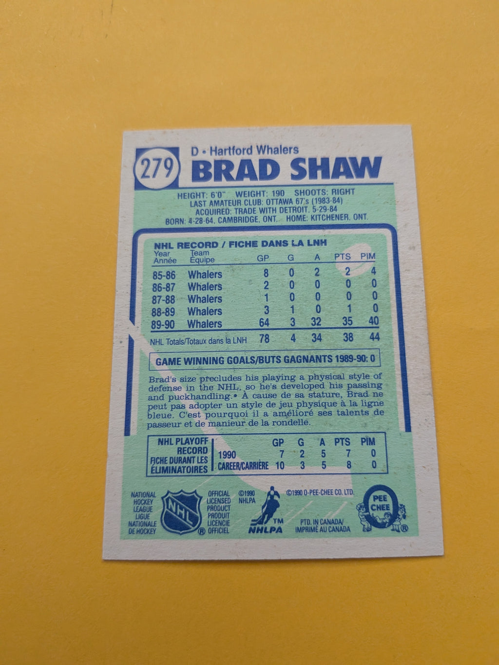 Brad Shaw Signed Hartford Whalers Card F