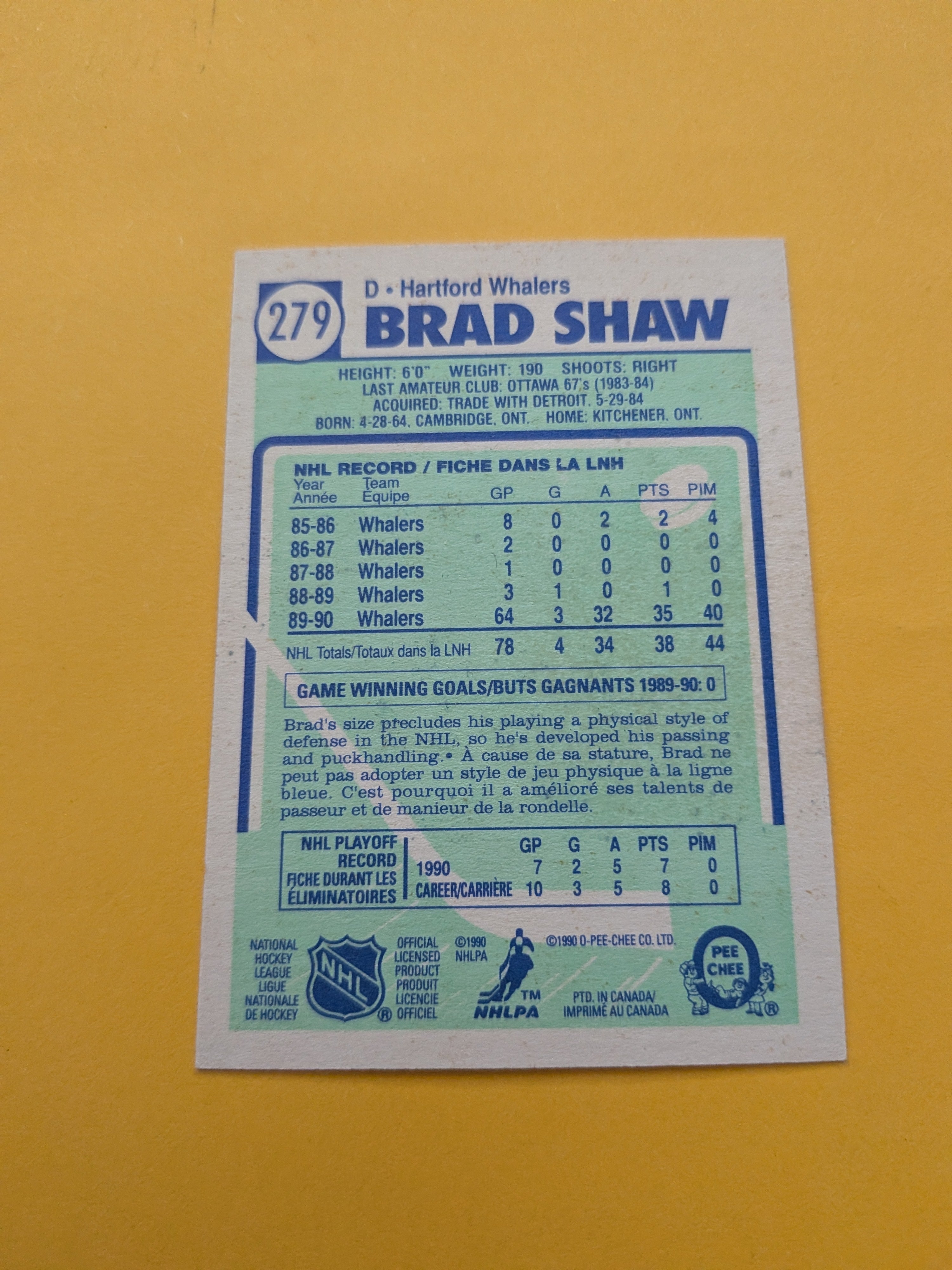 Brad Shaw Signed Hartford Whalers Card F