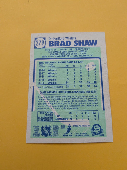 Brad Shaw Signed Hartford Whalers Card F