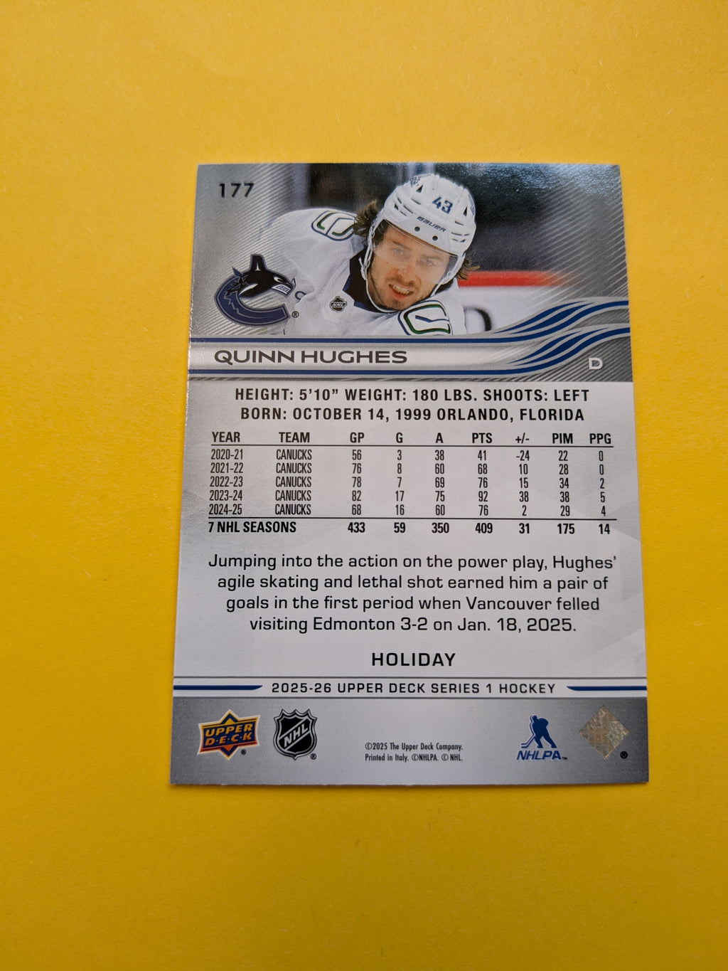 Quinn Hughes 25-26 Upper Deck Green Holiday Card