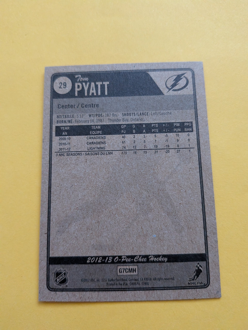 Tom Pyatt Signed Tampa Bay Lightning Card B