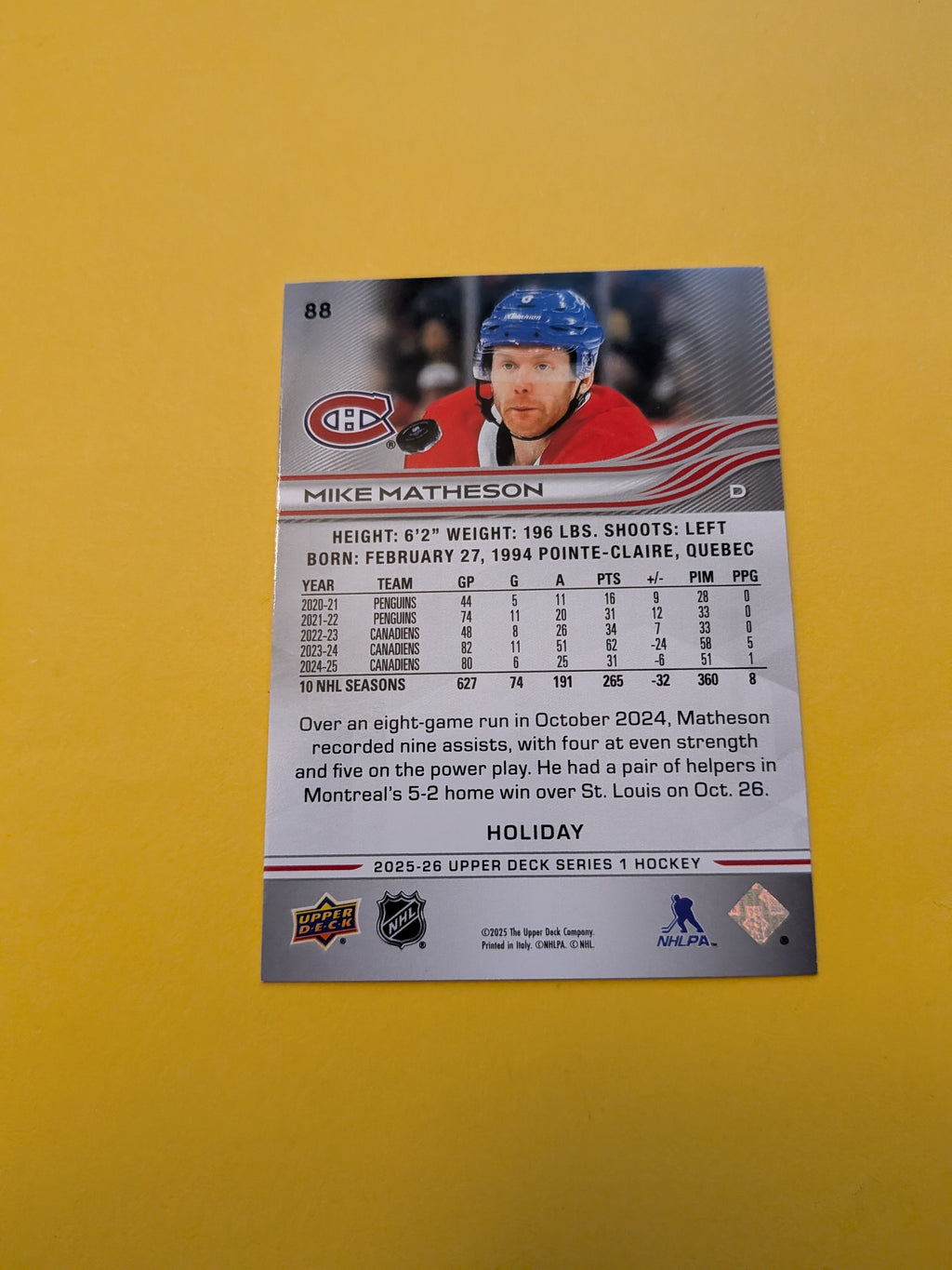 Mike Matheson 25-26 Upper Deck Green Holiday Card