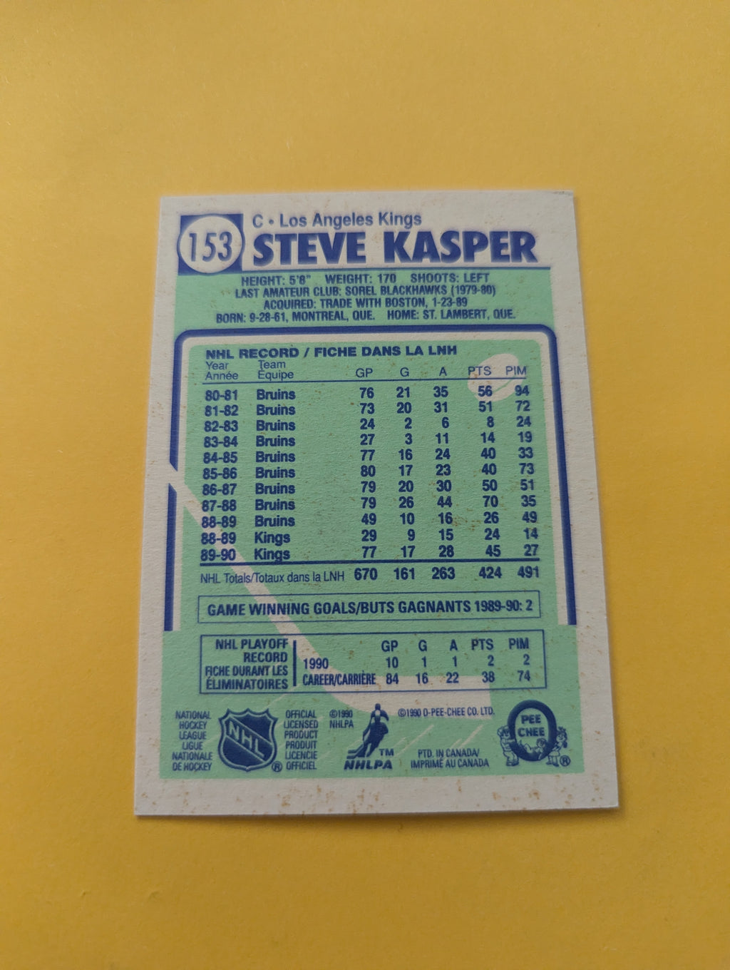 Steve Kasper Signed Los Angeles Kings Card