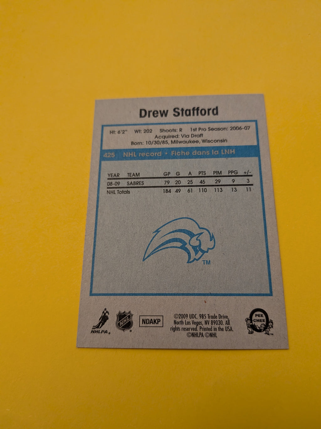 Drew Stafford Signed Buffalo Sabres Card B