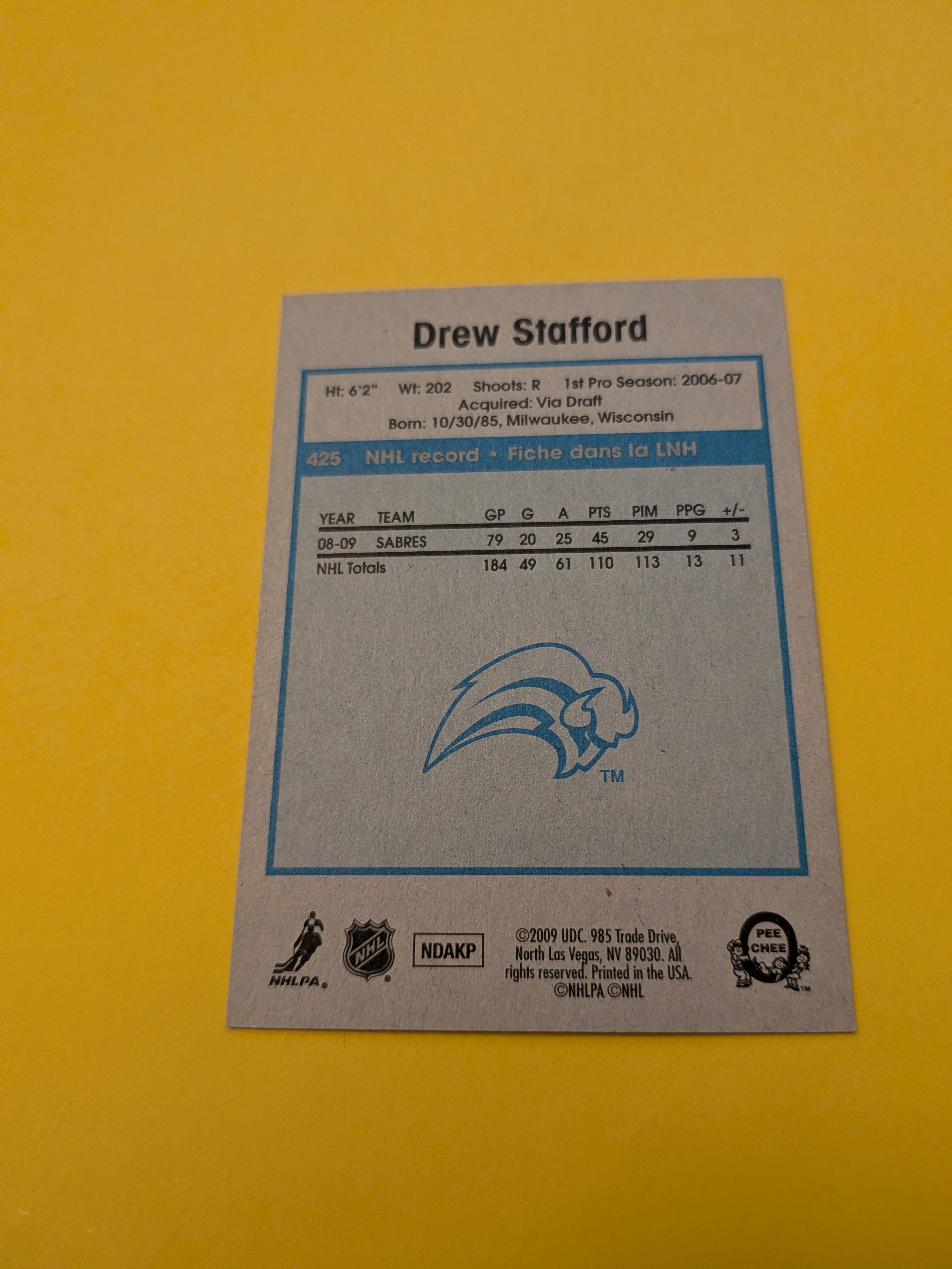 Drew Stafford Signed Buffalo Sabres Card B