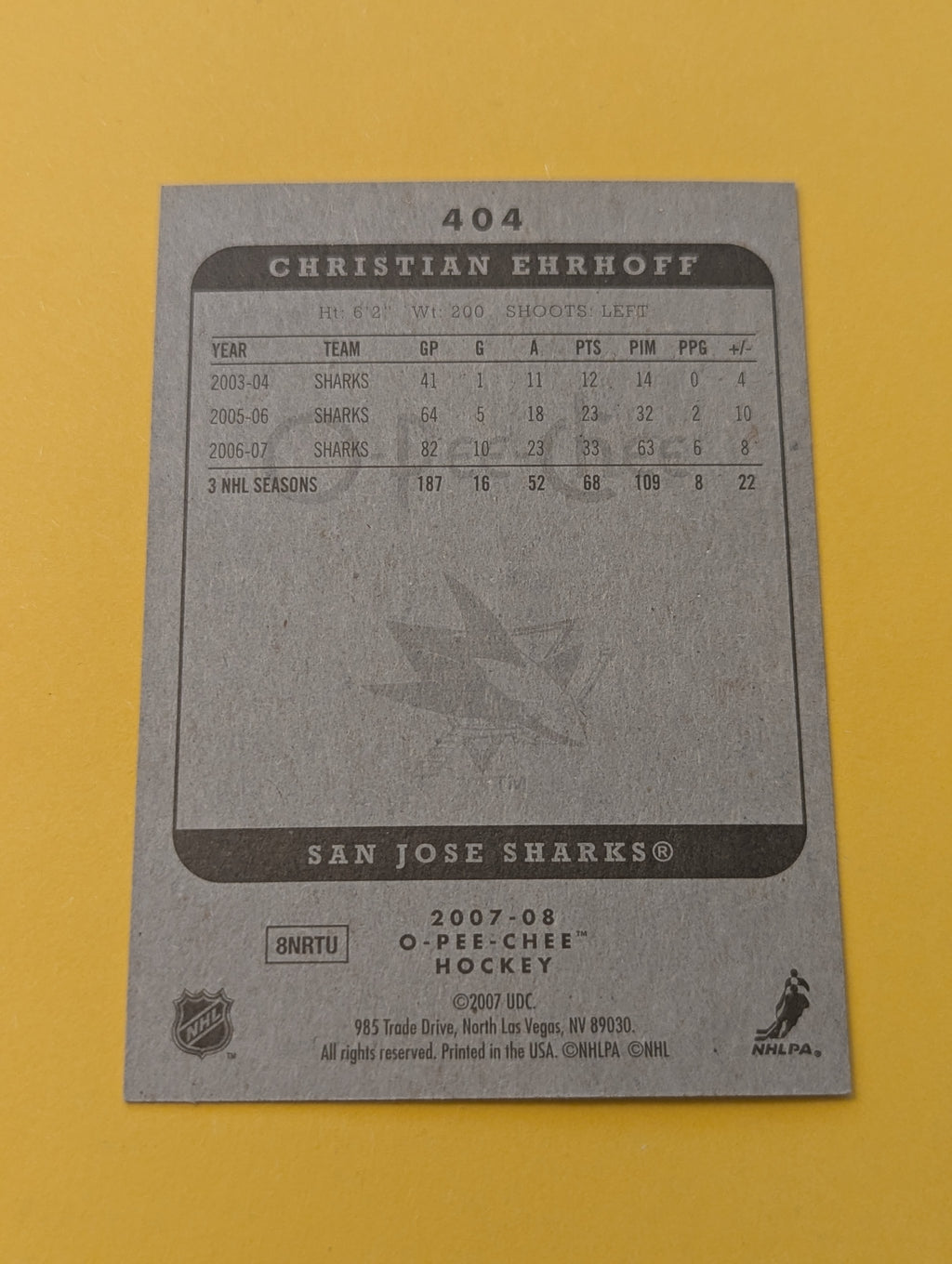 Christian Ehrhoff Signed San Jose Sharks Card