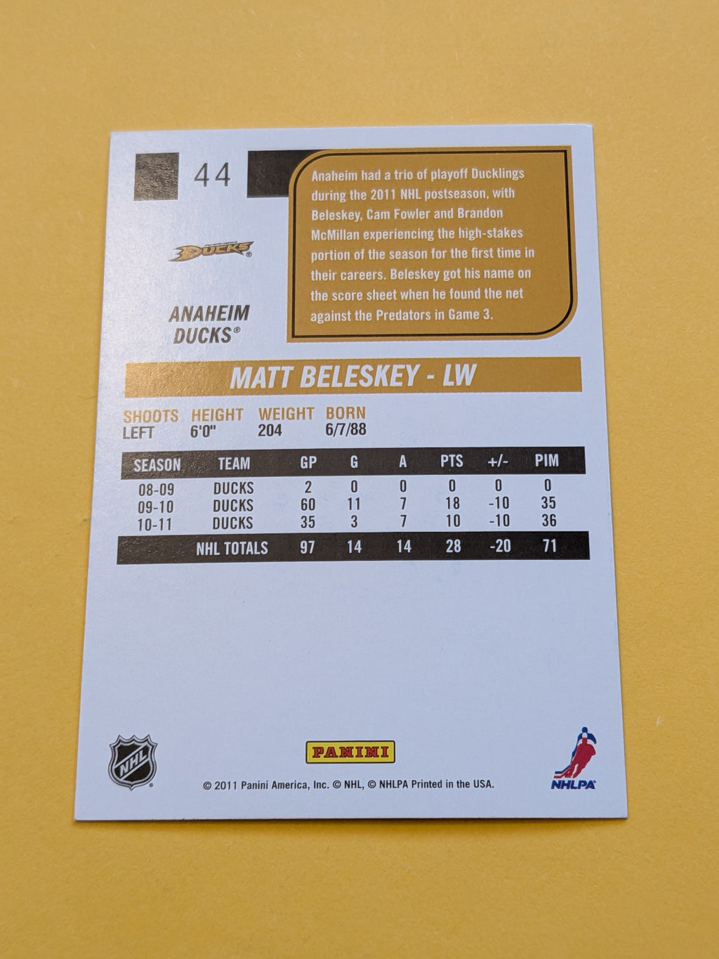 Matt Beleskey Signed Anaheim Ducks Card A