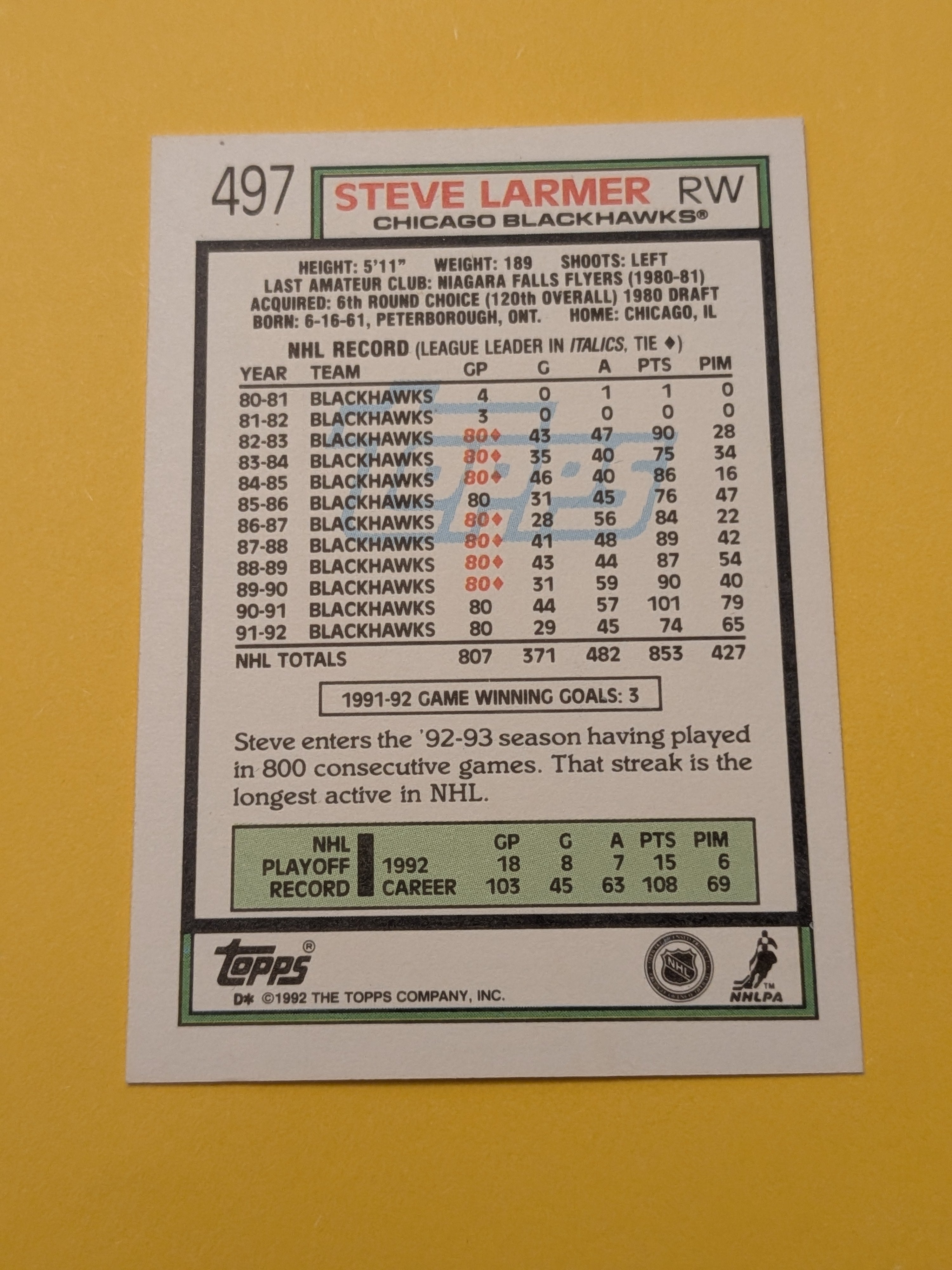 Steve Larmer Signed Chicago Blackhawks Card G