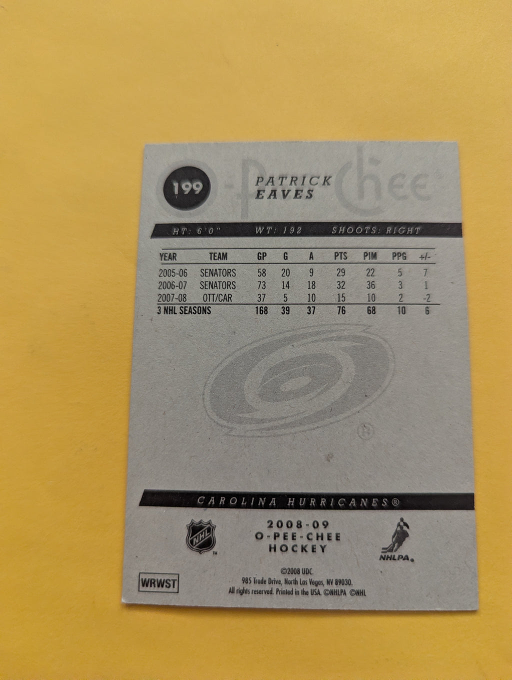 Patrick Eaves Signed Carolina Hurricanes Card