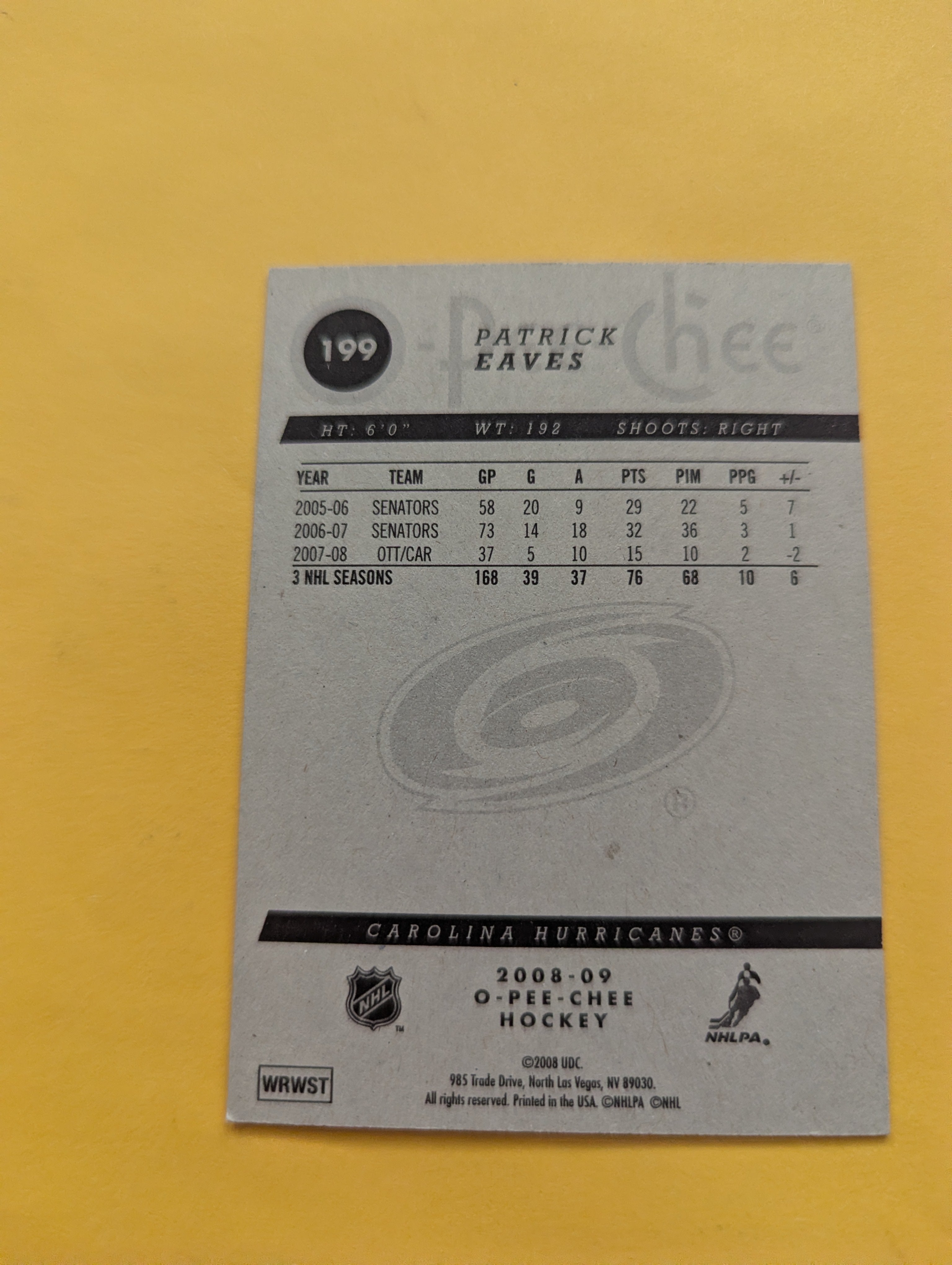 Patrick Eaves Signed Carolina Hurricanes Card