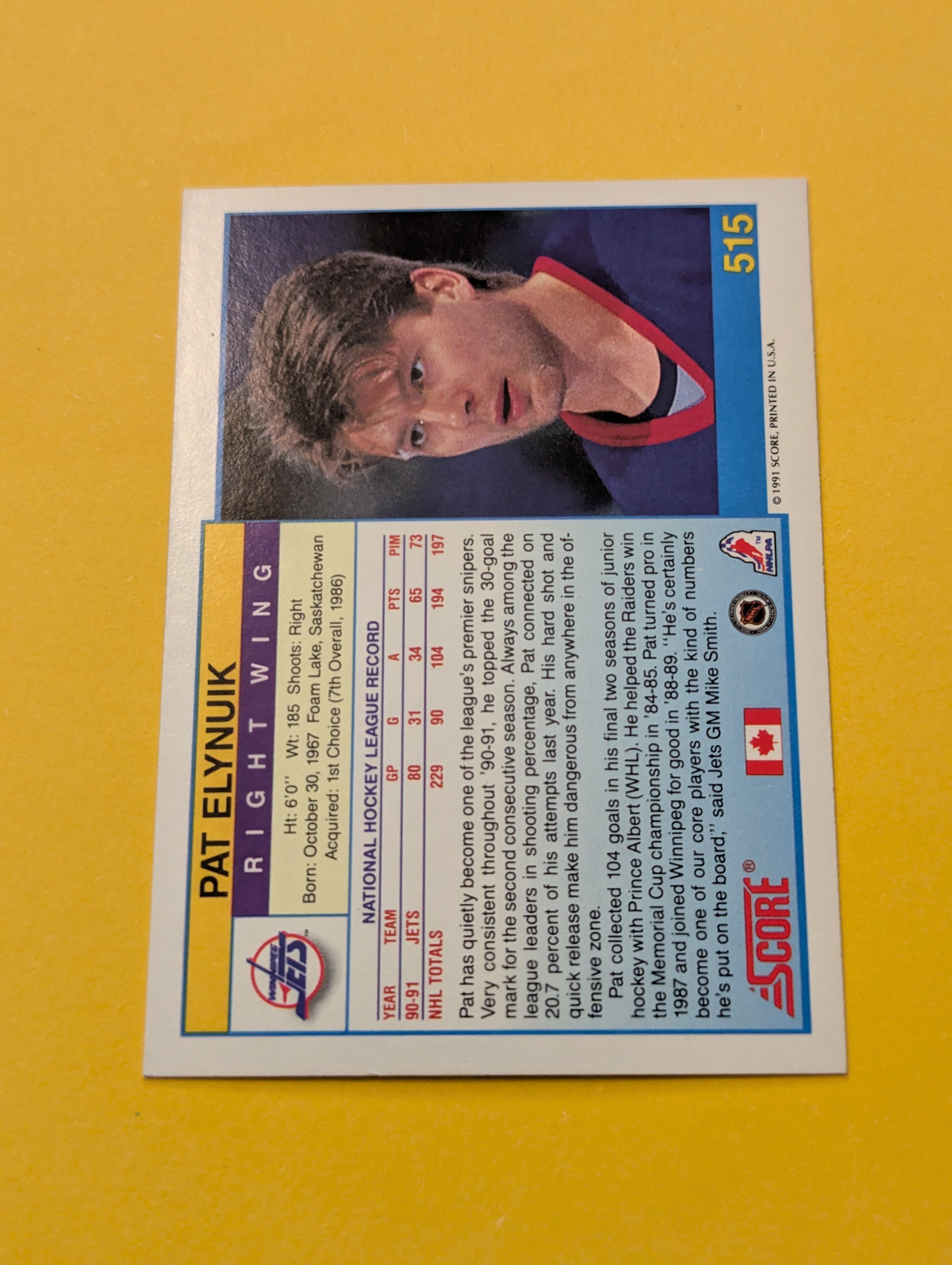 Pat Elynuik Signed Winnipeg Jets Card