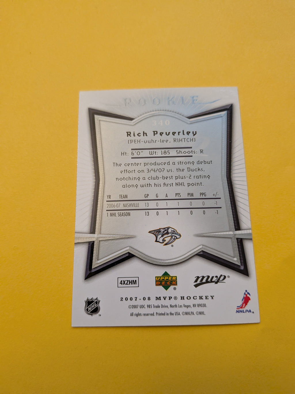 Rich Peverley Signed Nashville Predators Rookie Card A