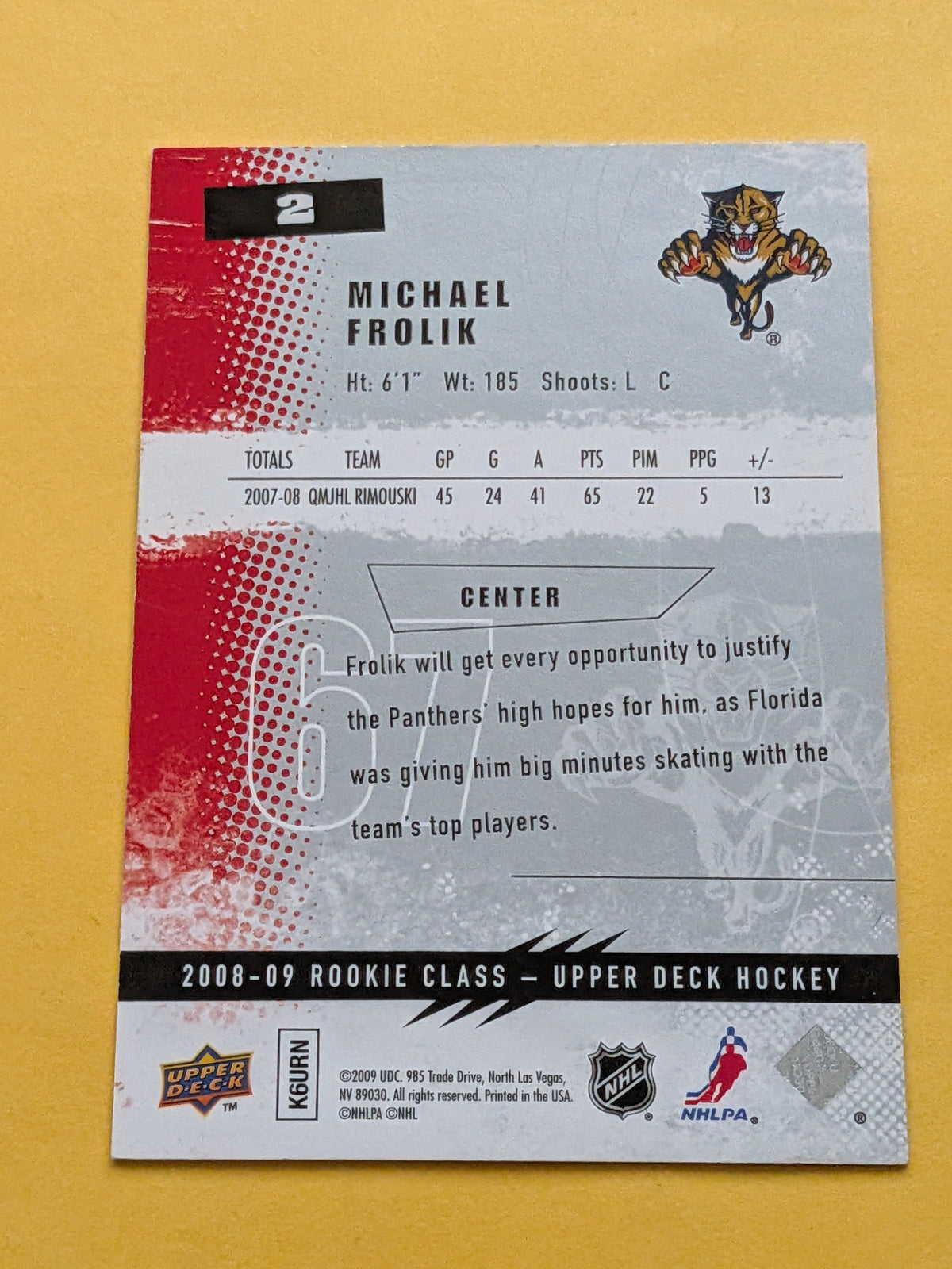 Michael Frolik Signed Florida Panthers Rookie Card A