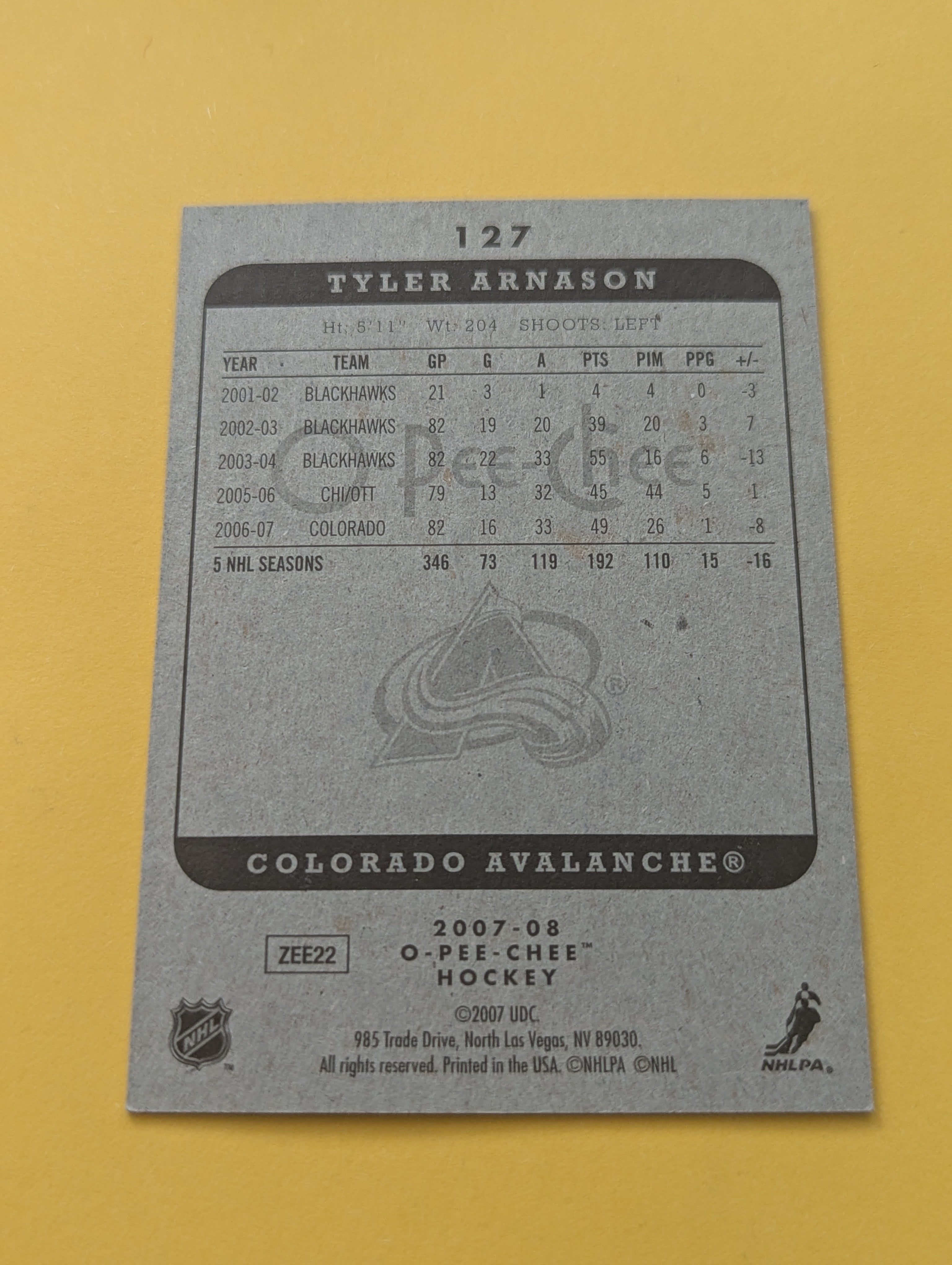 Tyler Arnason Signed Colorado Avalanche Card