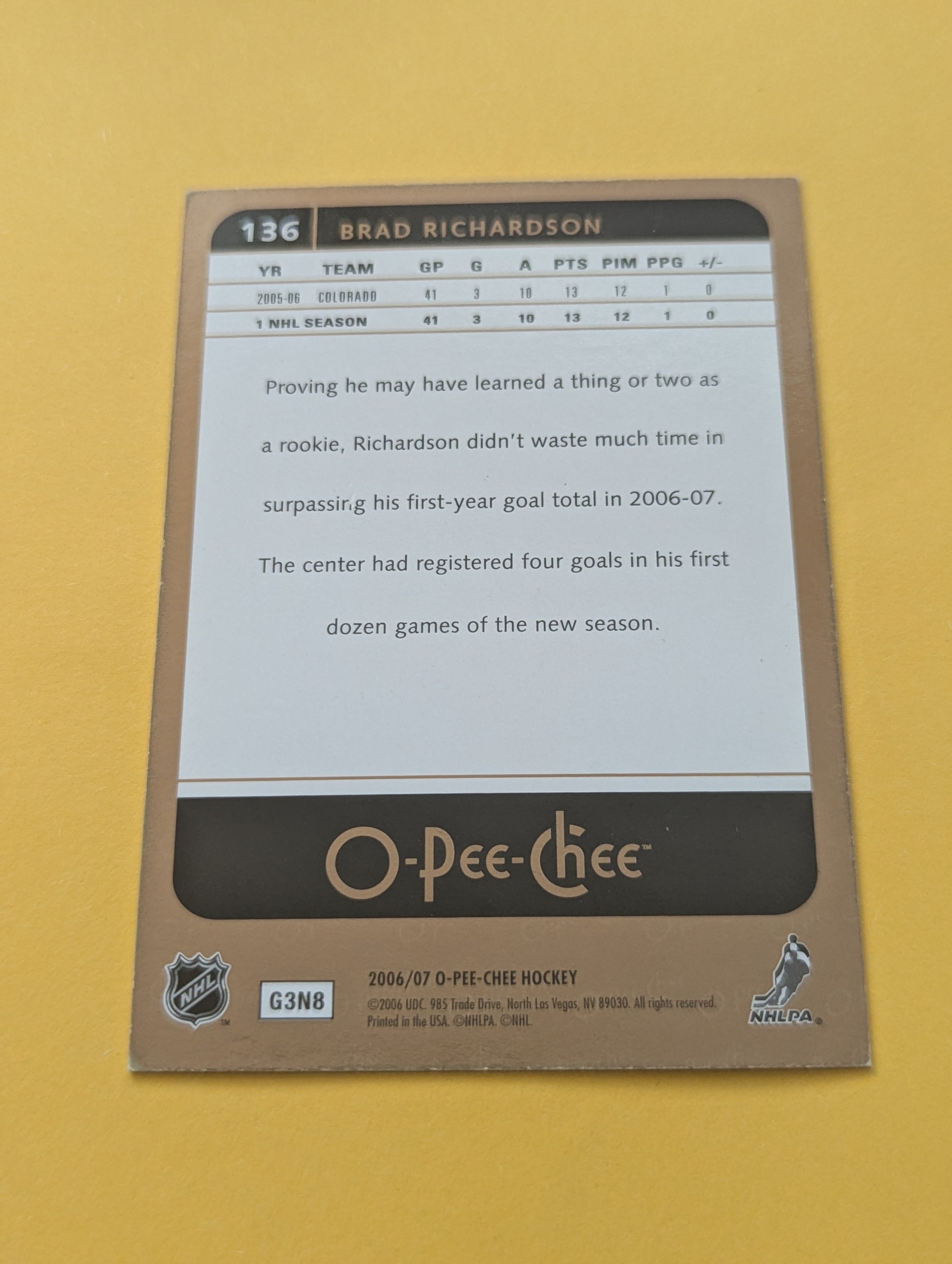 Brad Richardson Signed Colorado Avalanche Card