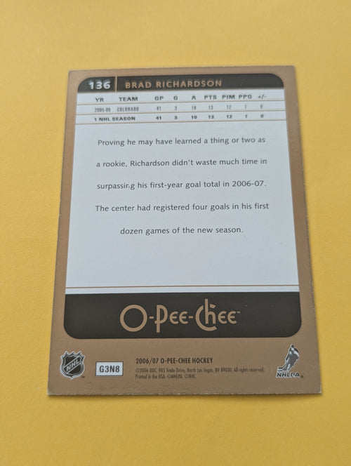 Brad Richardson Signed Colorado Avalanche Card