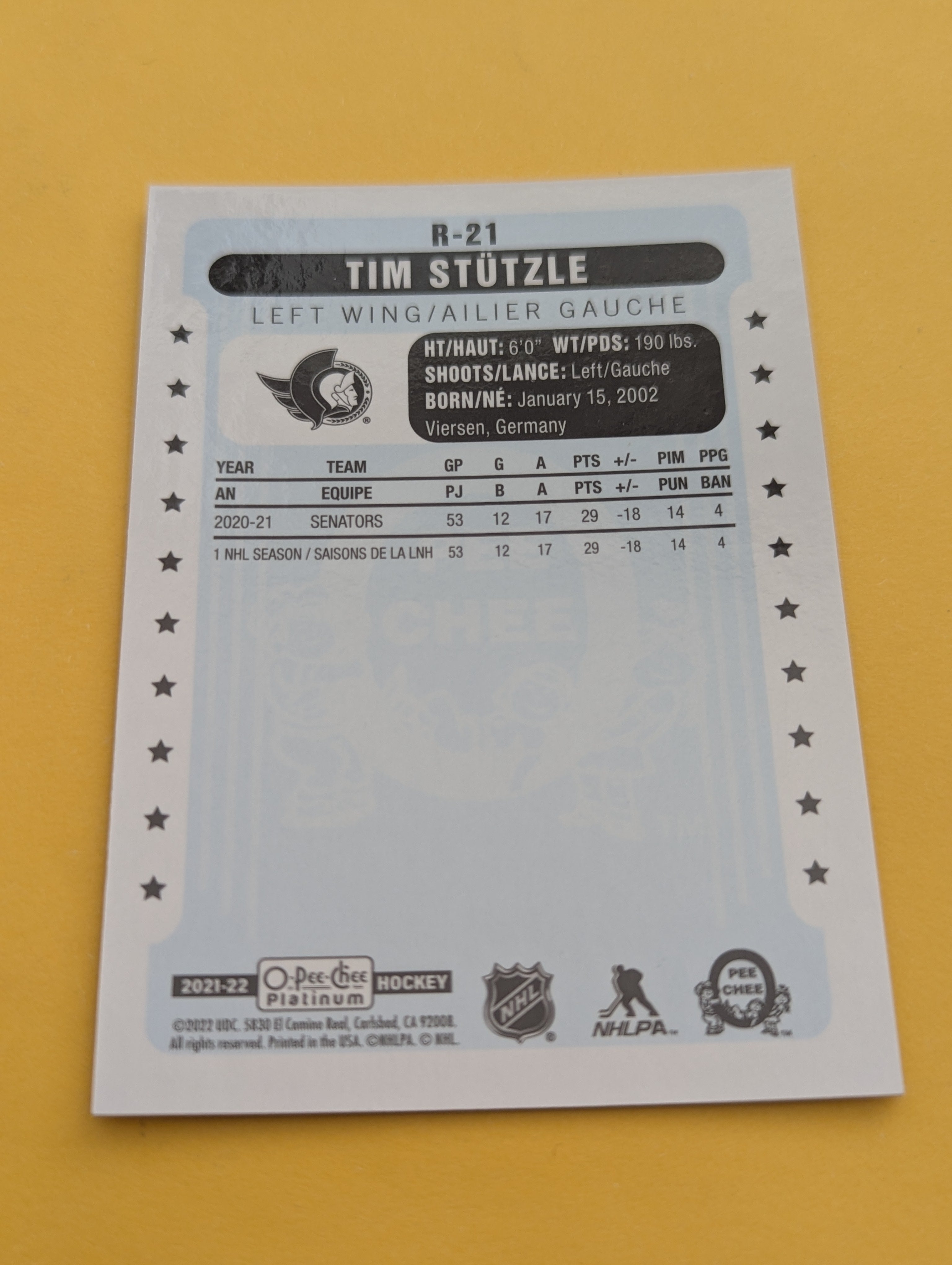 Tim Stutzle 21-22 OPC Platinum Retro Card