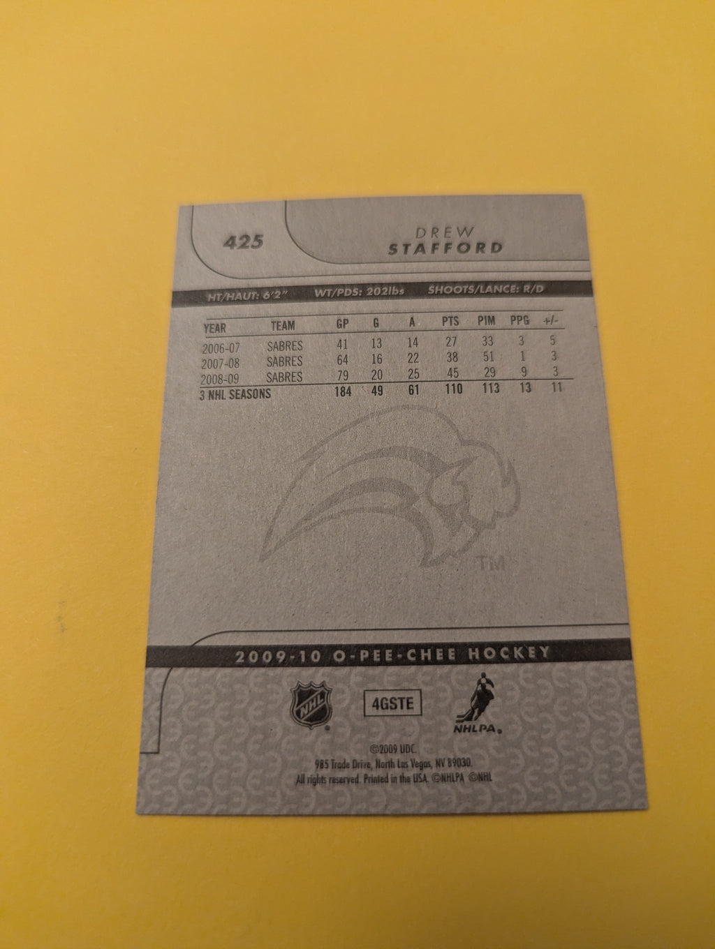 Drew Stafford Signed Buffalo Sabres Card