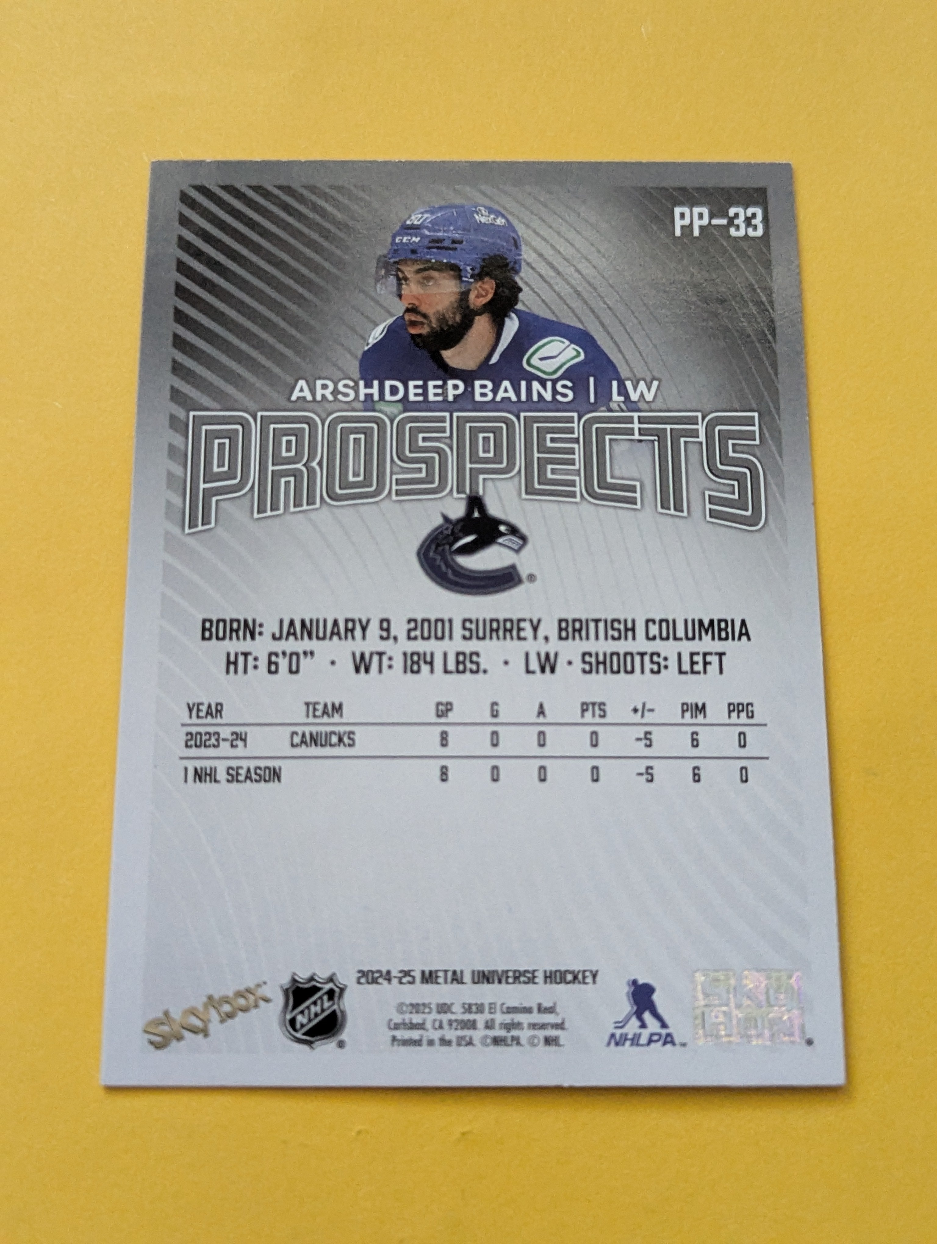 Arshdeep Bains Signed Vancouver Canucks Card