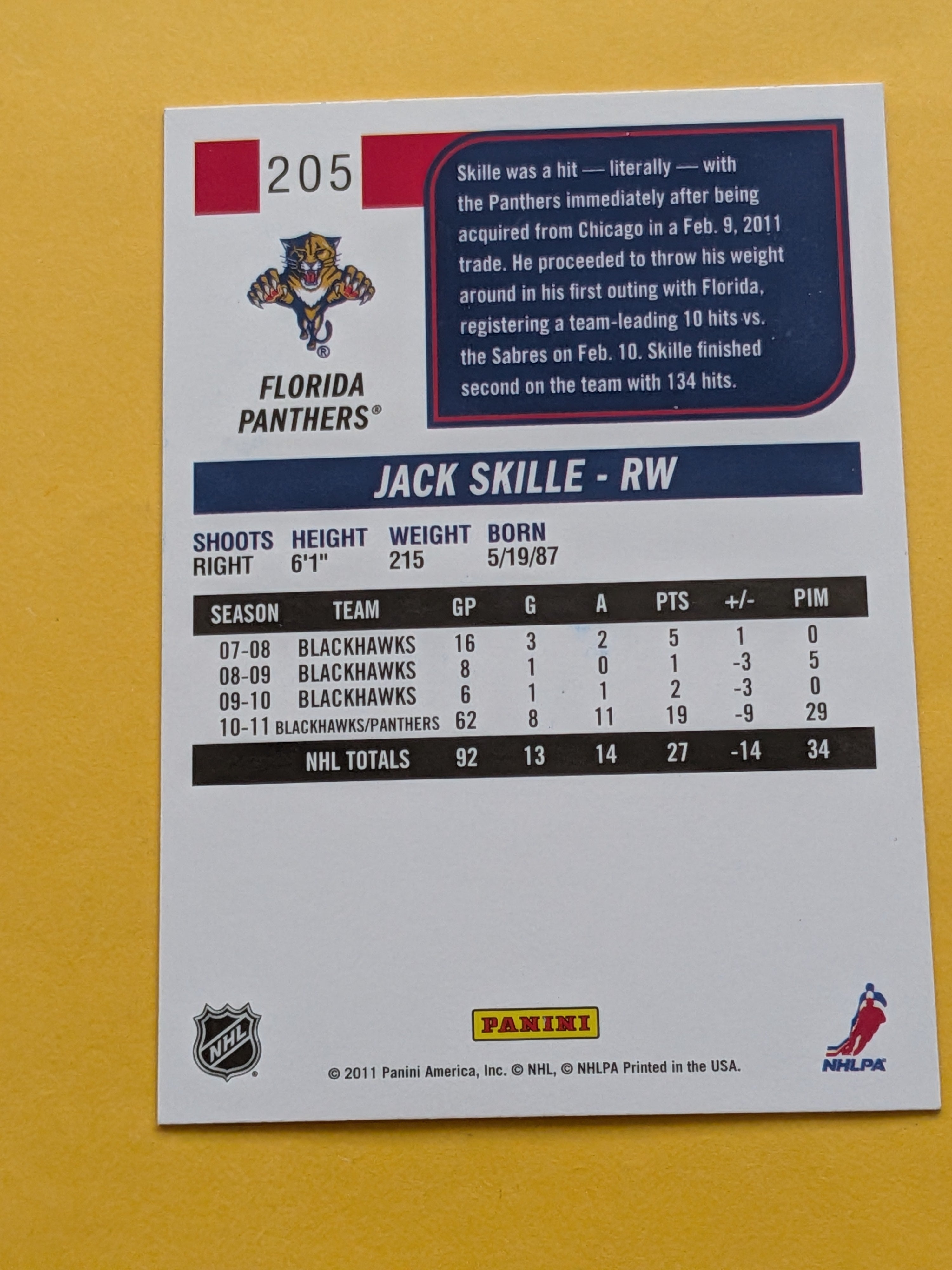 Jack Skille Signed Florida Panthers Card A