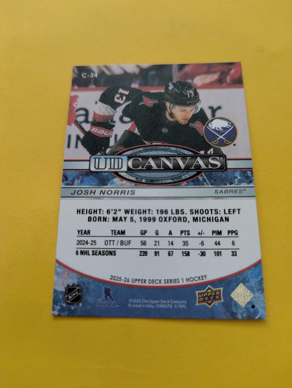 Josh Norris 25-26 Upper Deck UD Canvas Card
