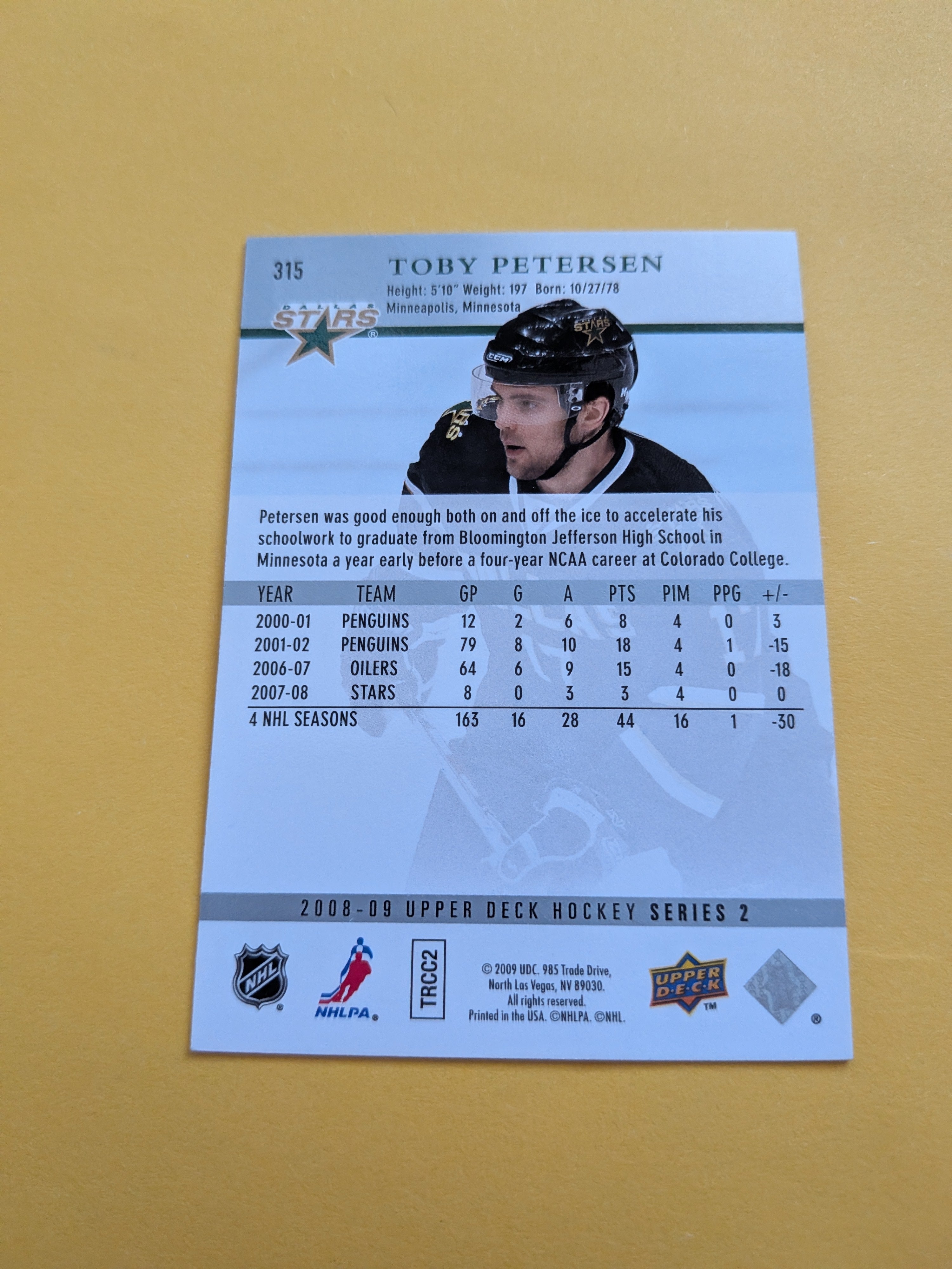Toby Petersen Signed Dallas Stars Card A