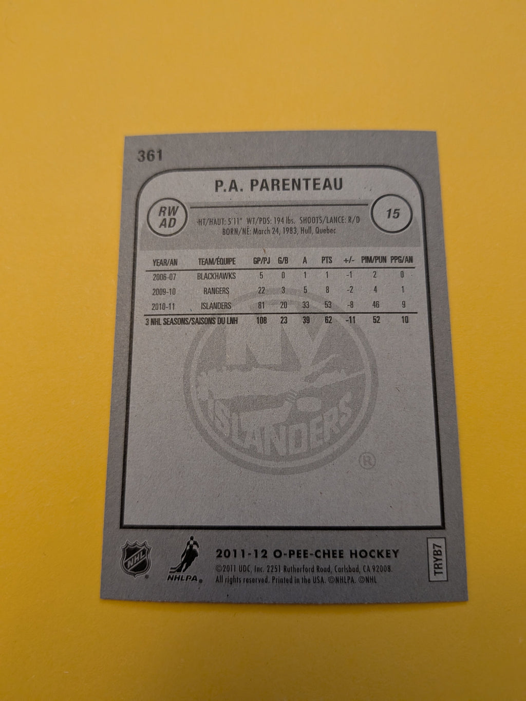 P.A Parenteau Signed New York Islanders Card A