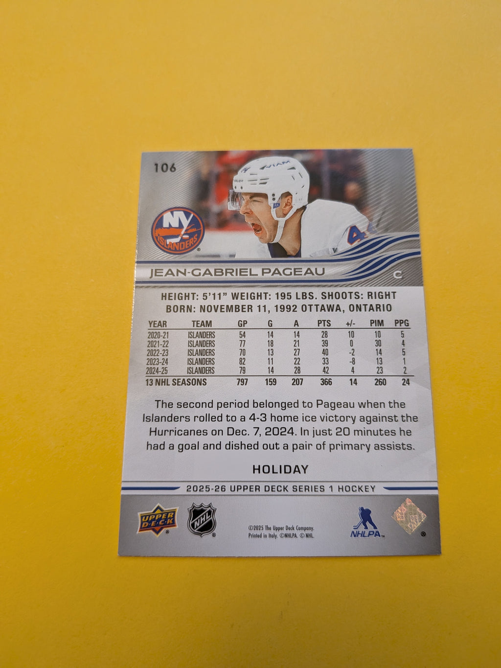 Jean Gabriel Pageau 25-26 Upper Deck Green Holiday Card