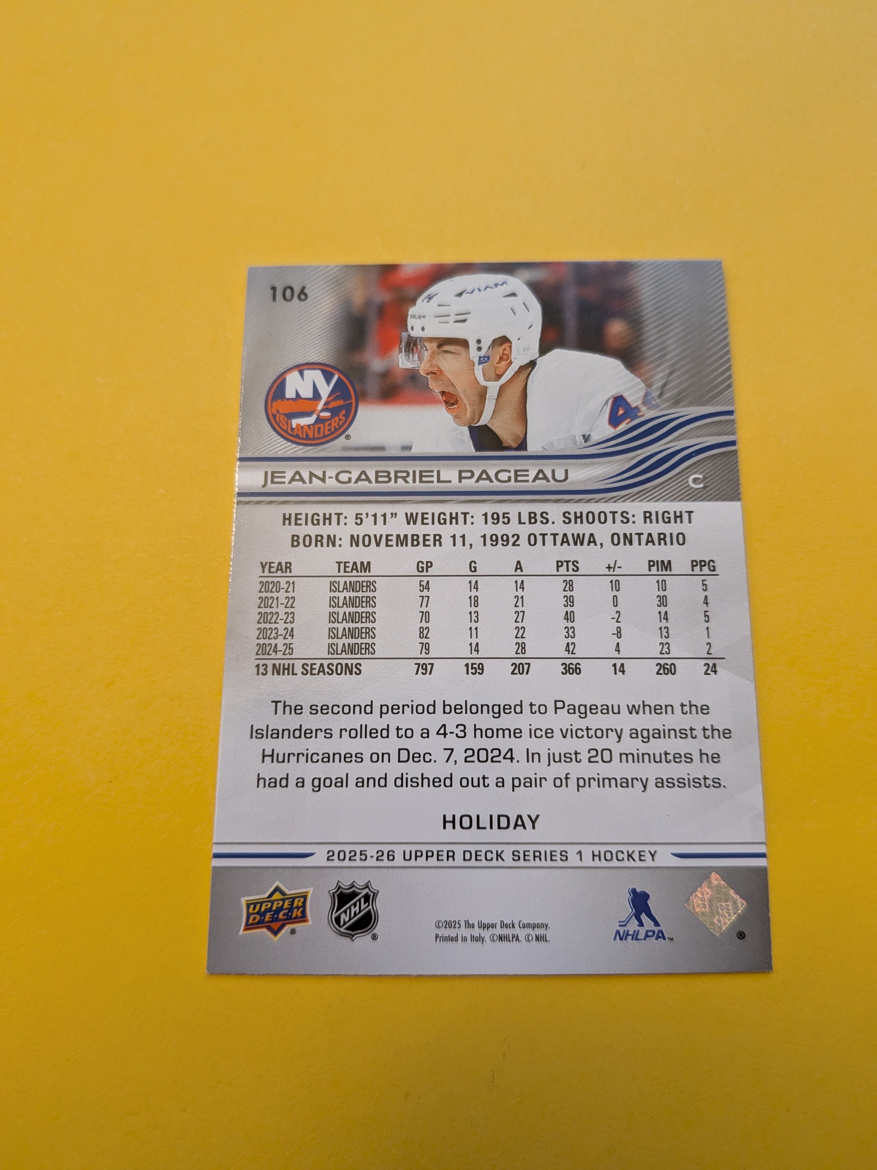 Jean Gabriel Pageau 25-26 Upper Deck Green Holiday Card