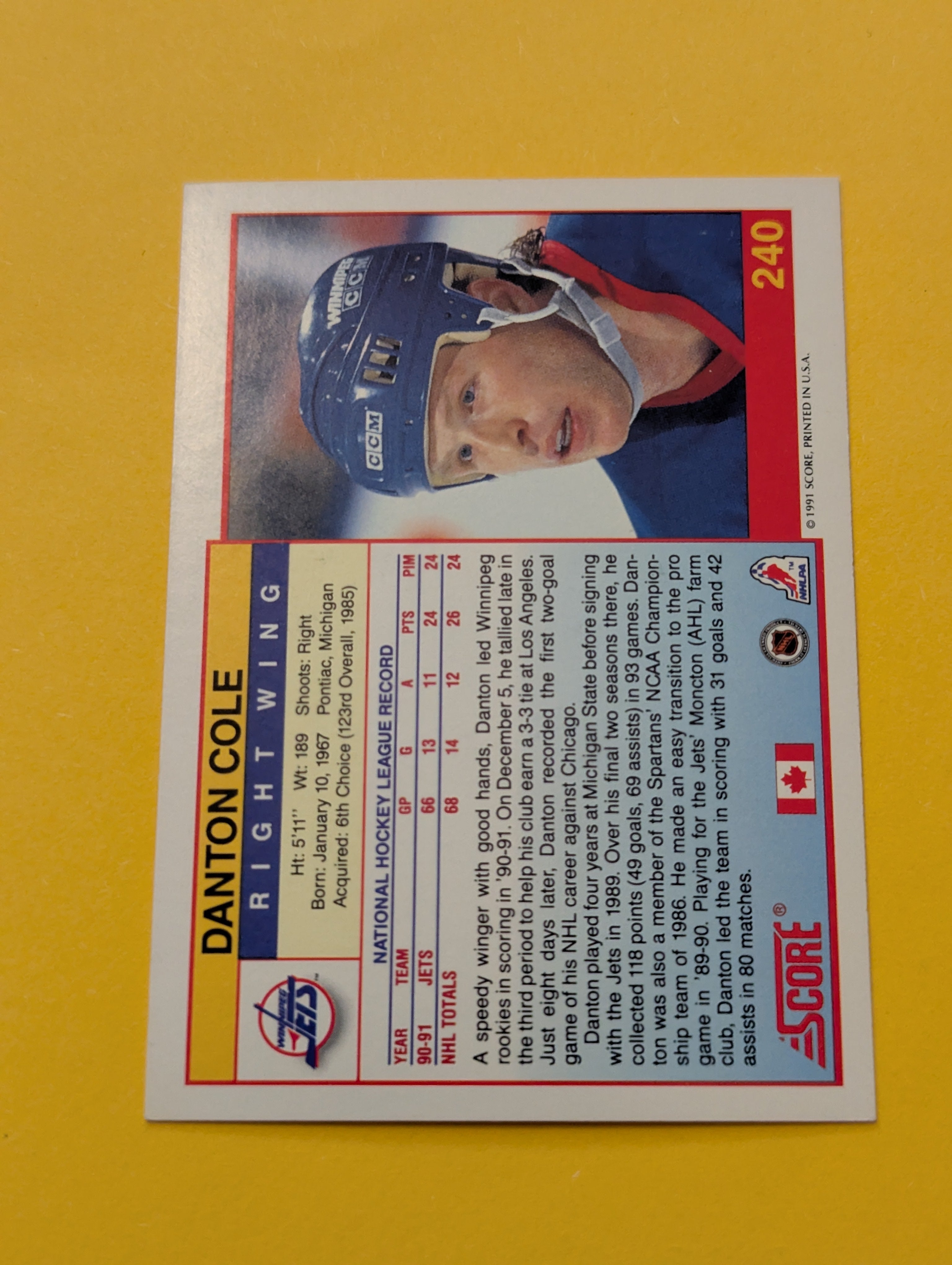 Danton Cole Signed Winnipeg Jets Card